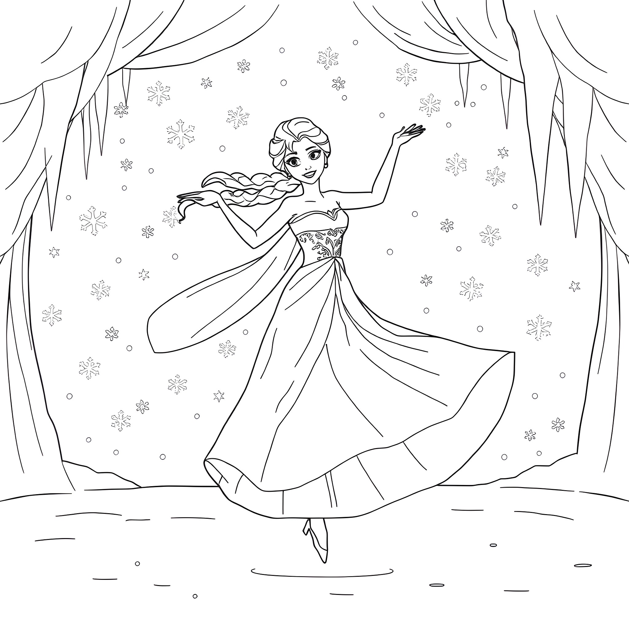 Elsa gracefully dancing in a winter wonderland Coloring Page (free black-and-white line drawing printable PDF for all, from beginners to advanced learners, including children, teens, adults, and seniors)