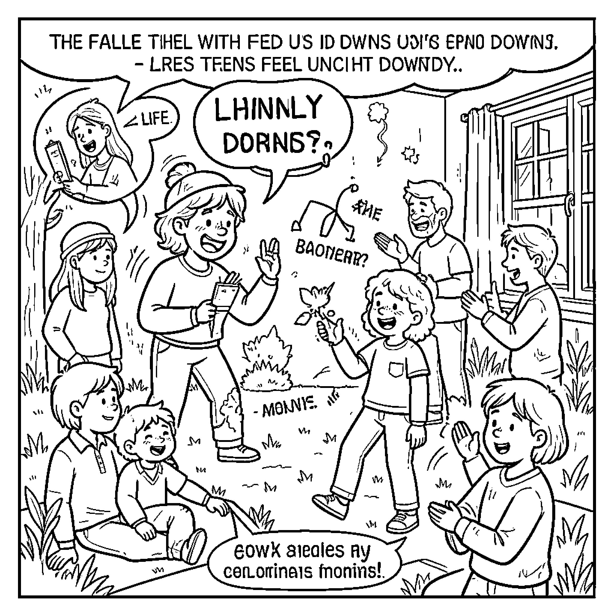 Life filled with joyful children playing together outdoors Coloring Page (free black-and-white line drawing printable PDF for all, from beginners to advanced learners, including children, teens, adults, and seniors)