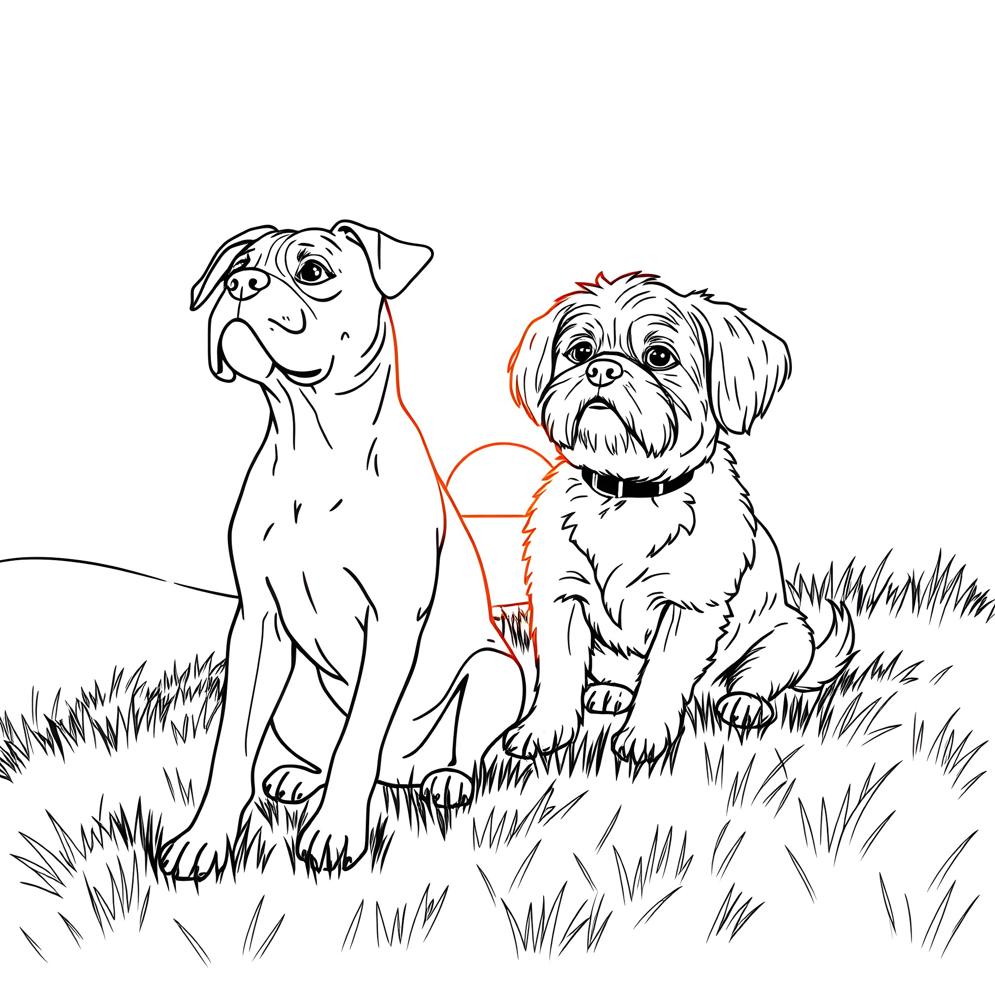 Dogs playing in the grass Coloring Page (free black-and-white line drawing printable PDF for all, from beginners to advanced learners, including children, teens, adults, and seniors)