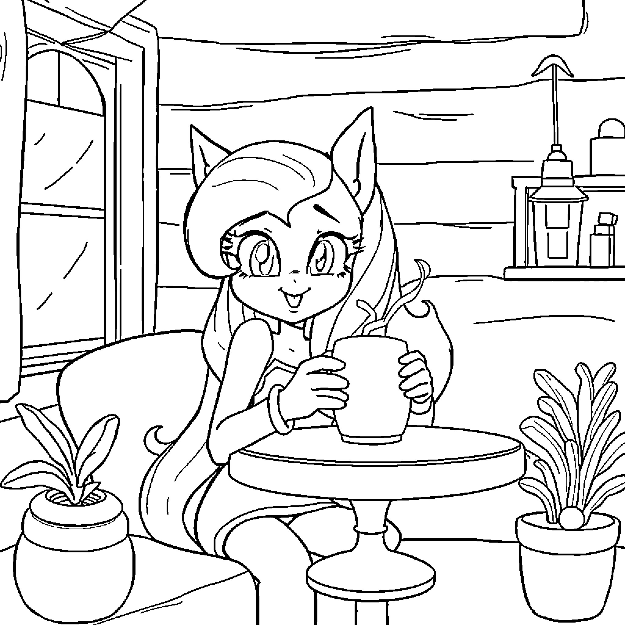 Sailor Moon Character Enjoying a Cozy Home Setting Coloring Page (free black-and-white line drawing printable PDF for all, from beginners to advanced learners, including children, teens, adults, and seniors)