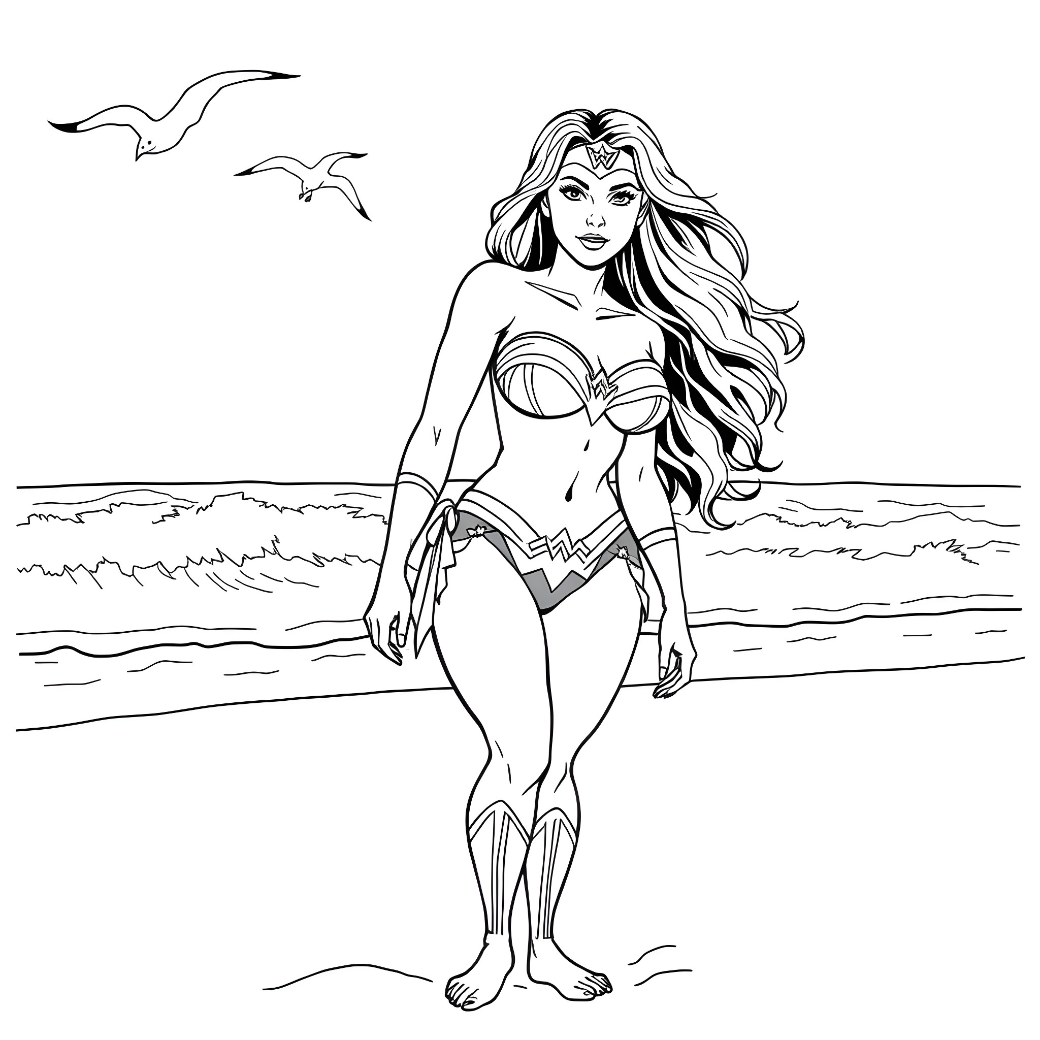 Wonder Woman in heroic beach pose Coloring Page (free black-and-white line drawing printable PDF for all, from beginners to advanced learners, including children, teens, adults, and seniors)