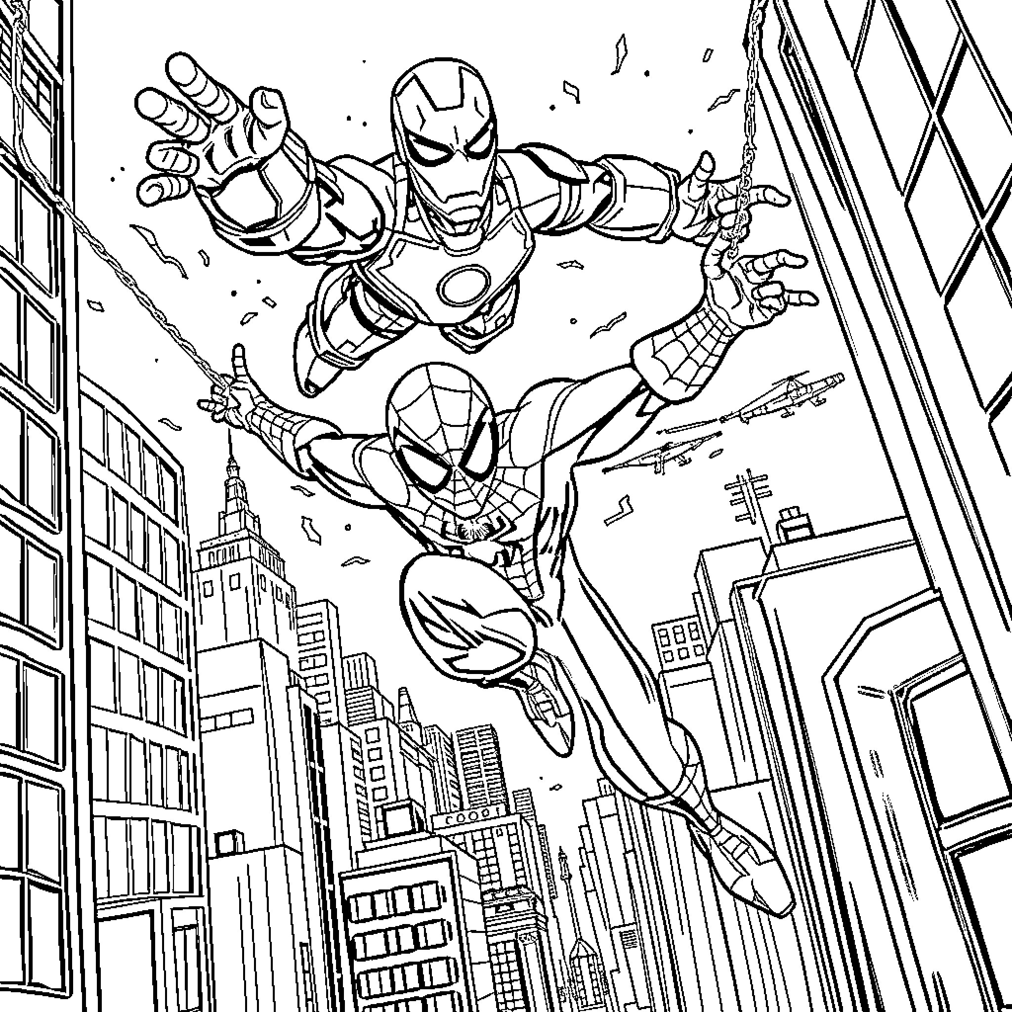 Spiderman Ironman battling heroically in the city skyline Coloring Page (free black-and-white line drawing printable PDF for all, from beginners to advanced learners, including children, teens, adults, and seniors)
