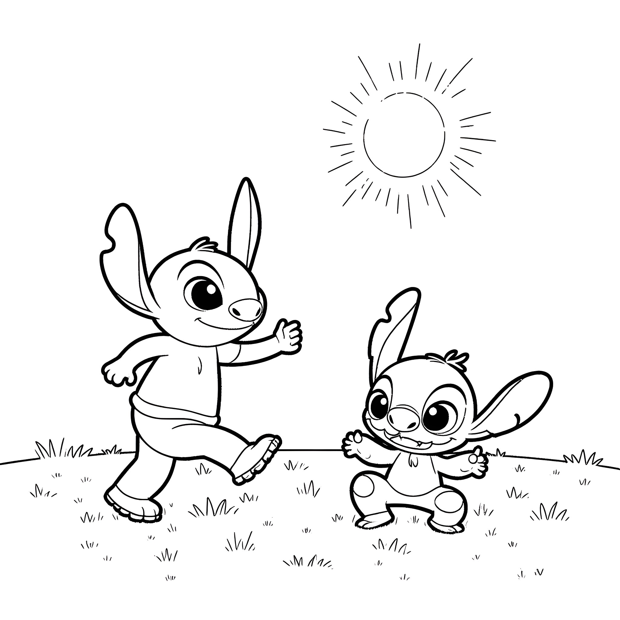 Bluey and Stitch playing joyfully in the sun Coloring Page (free black-and-white line drawing printable PDF for all, from beginners to advanced learners, including children, teens, adults, and seniors)