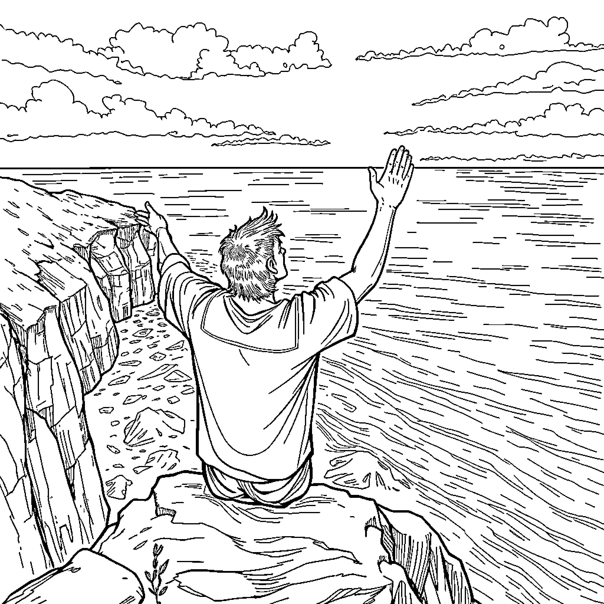 Man worshiping by the sea with raised arms Coloring Page (free black-and-white line drawing printable PDF for all, from beginners to advanced learners, including children, teens, adults, and seniors)