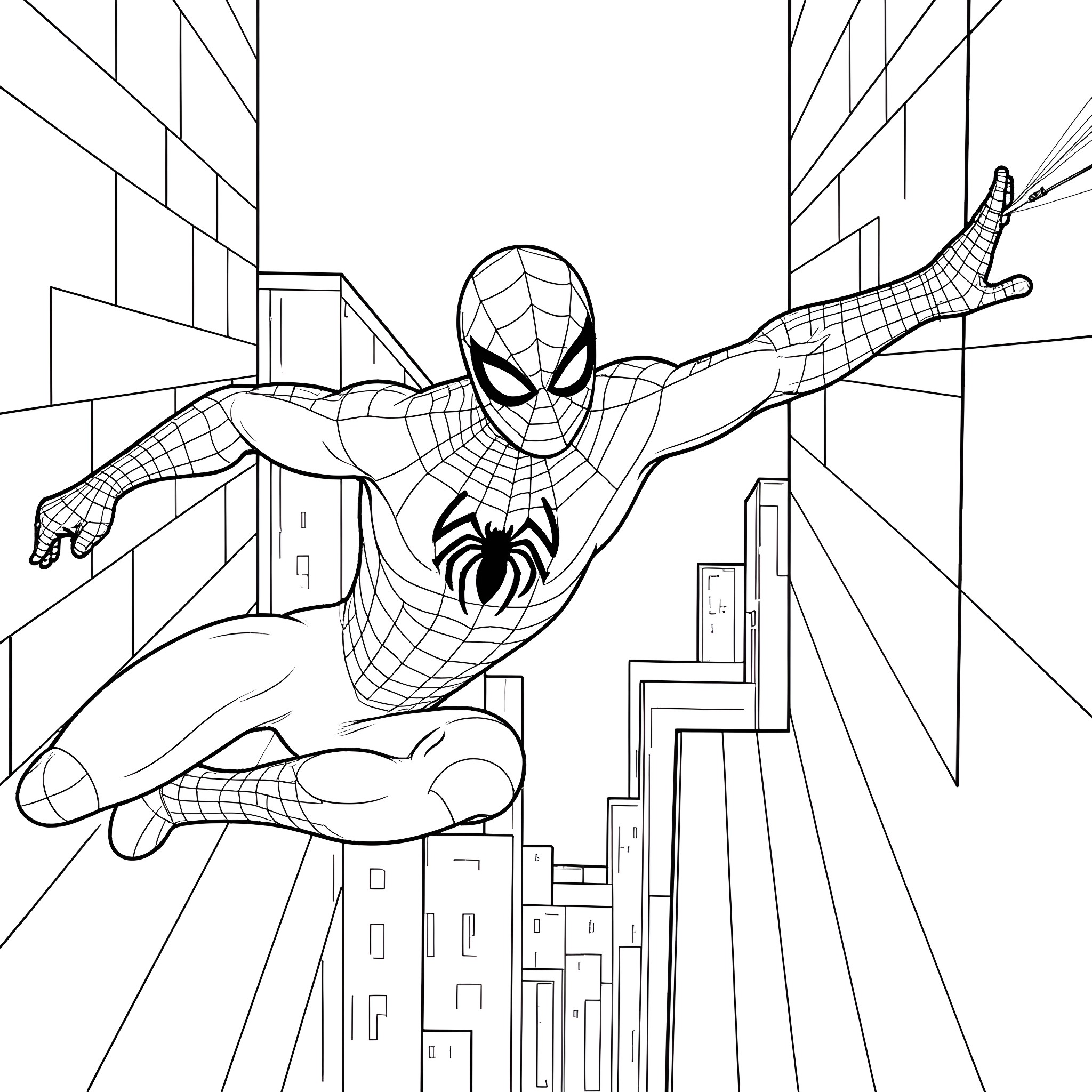 Spiderman swinging through the city skyline Coloring Page (free black-and-white line drawing printable PDF for all, from beginners to advanced learners, including children, teens, adults, and seniors)