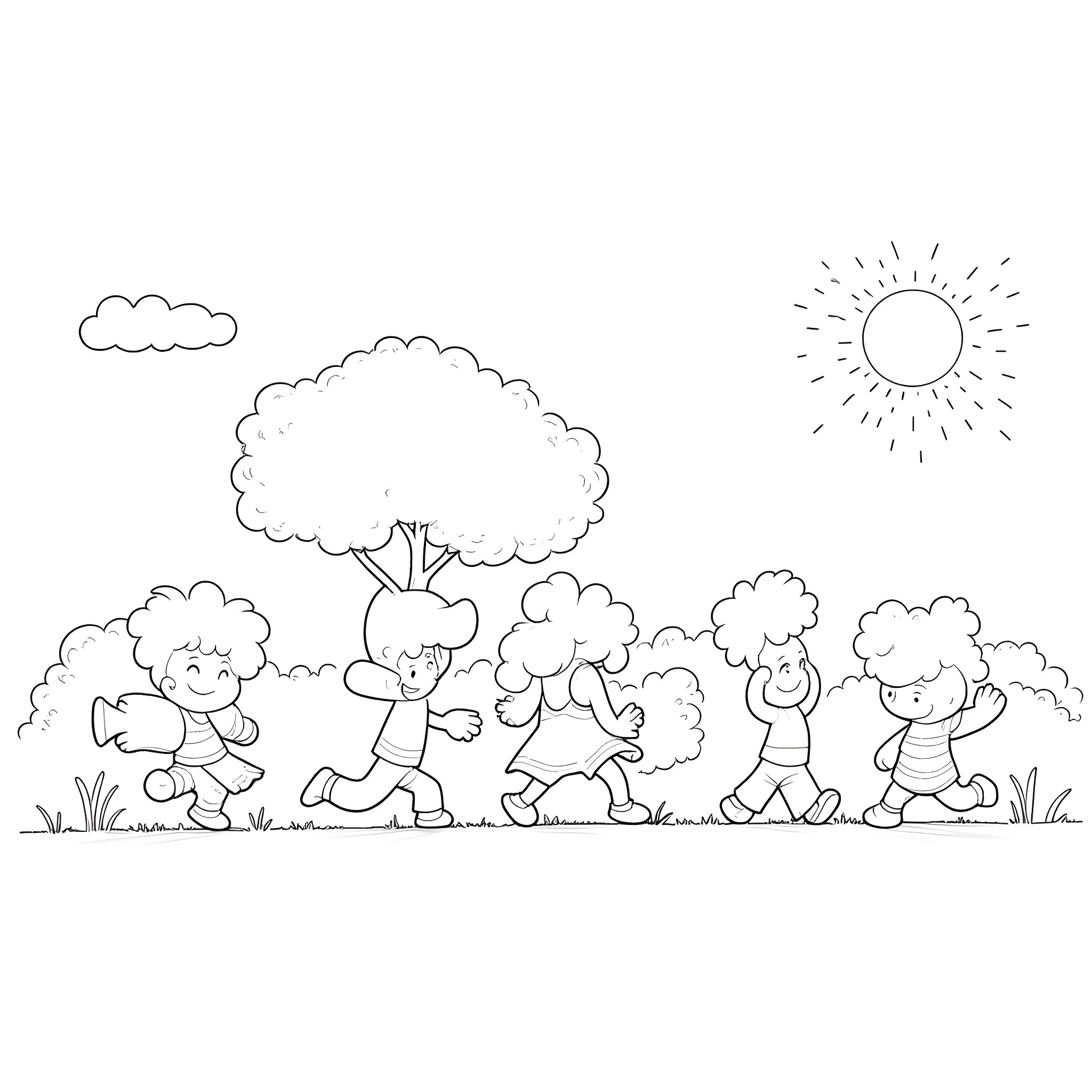 Ben Seppa and friends playing joyfully outdoors Coloring Page (free black-and-white line drawing printable PDF for all, from beginners to advanced learners, including children, teens, adults, and seniors)