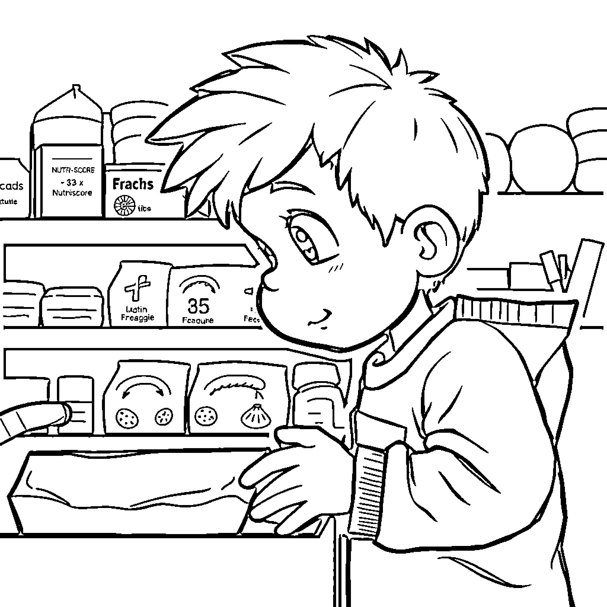 Kid browsing at a convenience store Coloring Page (free black-and-white line drawing printable PDF for all, from beginners to advanced learners, including children, teens, adults, and seniors)