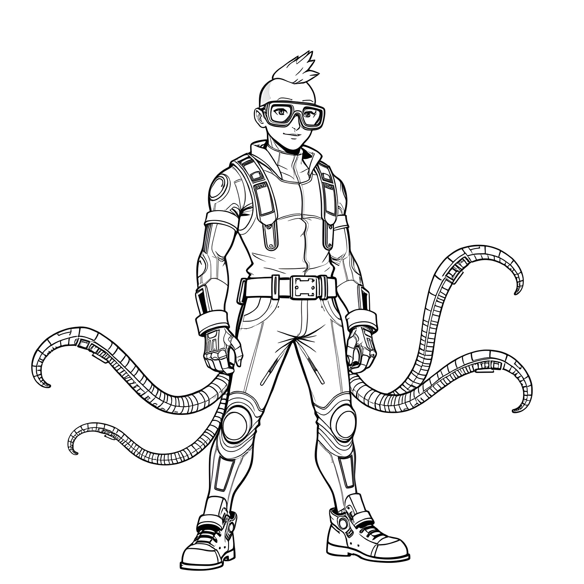 Man in futuristic utility gear with mechanical tentacles Coloring Page (free black-and-white line drawing printable PDF for all, from beginners to advanced learners, including children, teens, adults, and seniors)