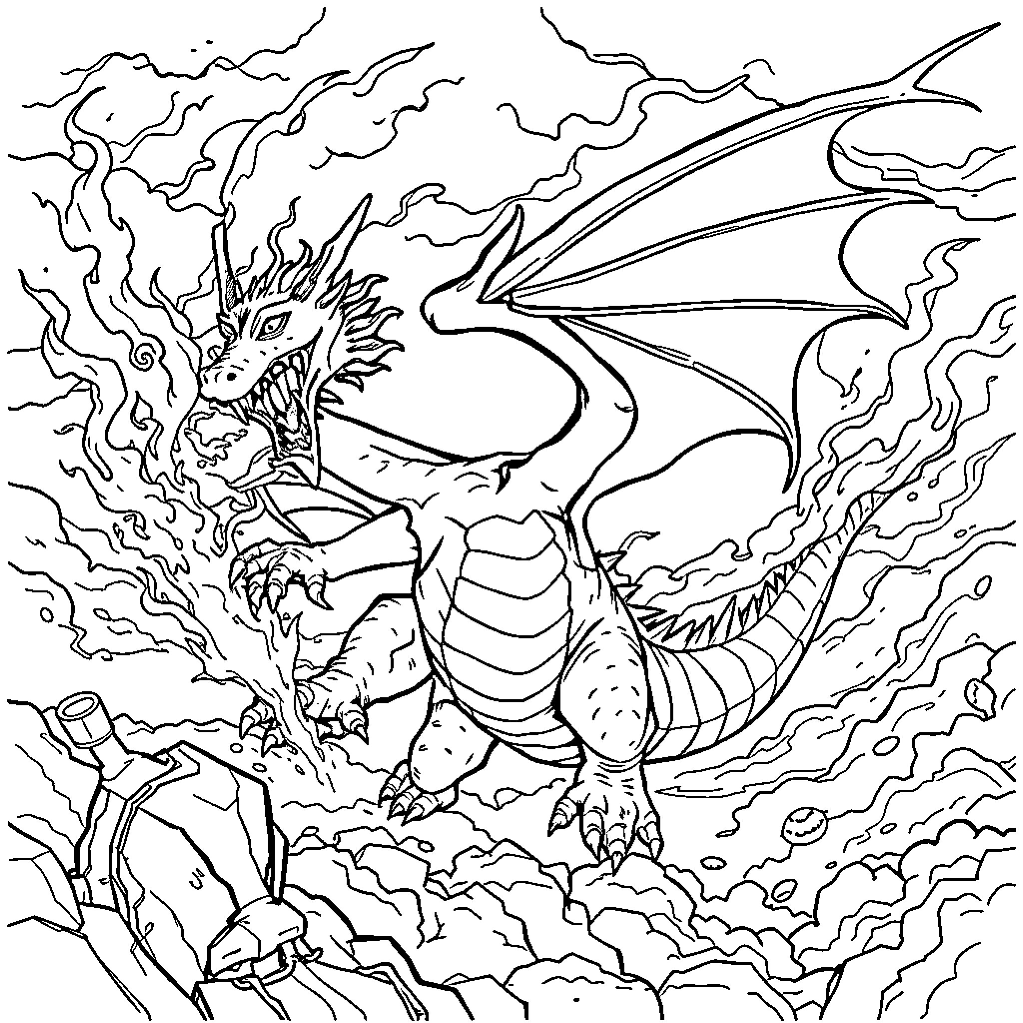 Dragon breathing fire in a stormy sky Coloring Page (free black-and-white line drawing printable PDF for all, from beginners to advanced learners, including children, teens, adults, and seniors)