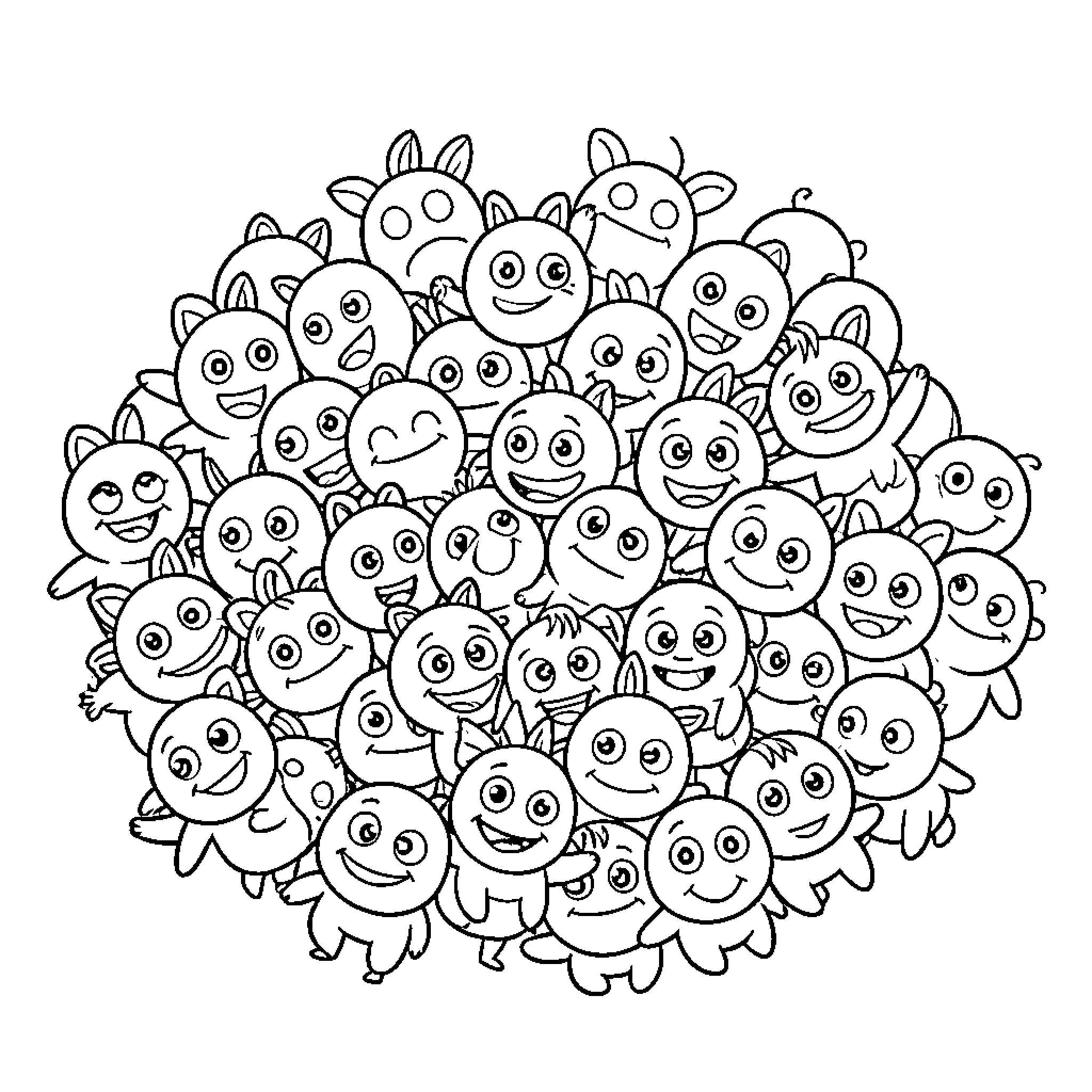 Needoh playful and diverse cartoon creatures Coloring Page (free black-and-white line drawing printable PDF for all, from beginners to advanced learners, including children, teens, adults, and seniors)
