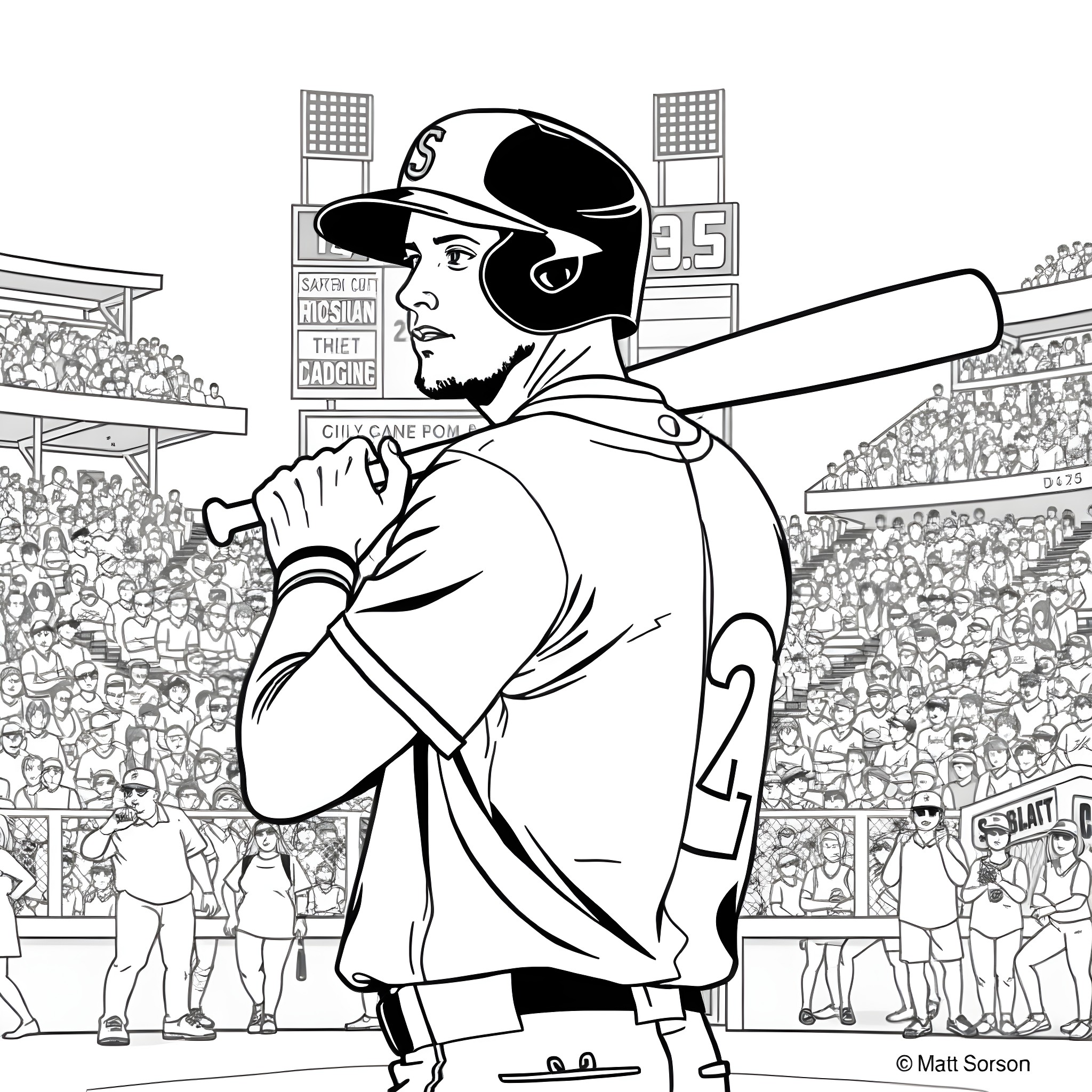 Matt Olson standing ready to bat in the baseball stadium Coloring Page (free black-and-white line drawing printable PDF for all, from beginners to advanced learners, including children, teens, adults, and seniors)