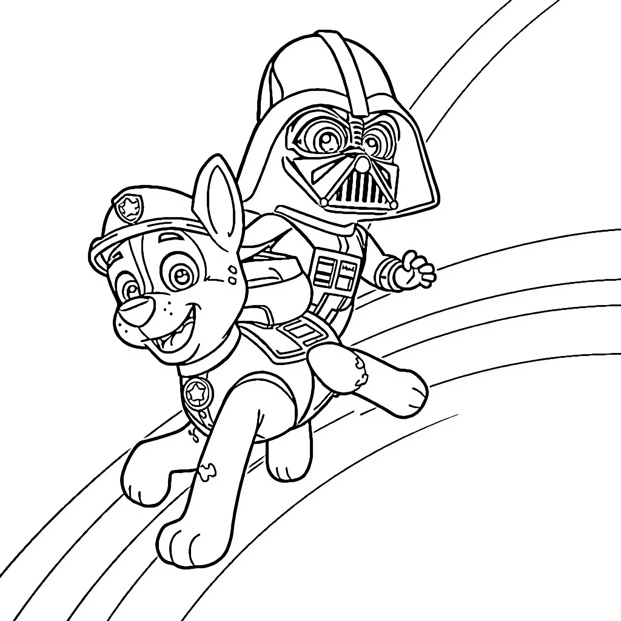 Marshall and Darth Vader's Playful Adventure Coloring Page (free black-and-white line drawing printable PDF for all, from beginners to advanced learners, including children, teens, adults, and seniors)