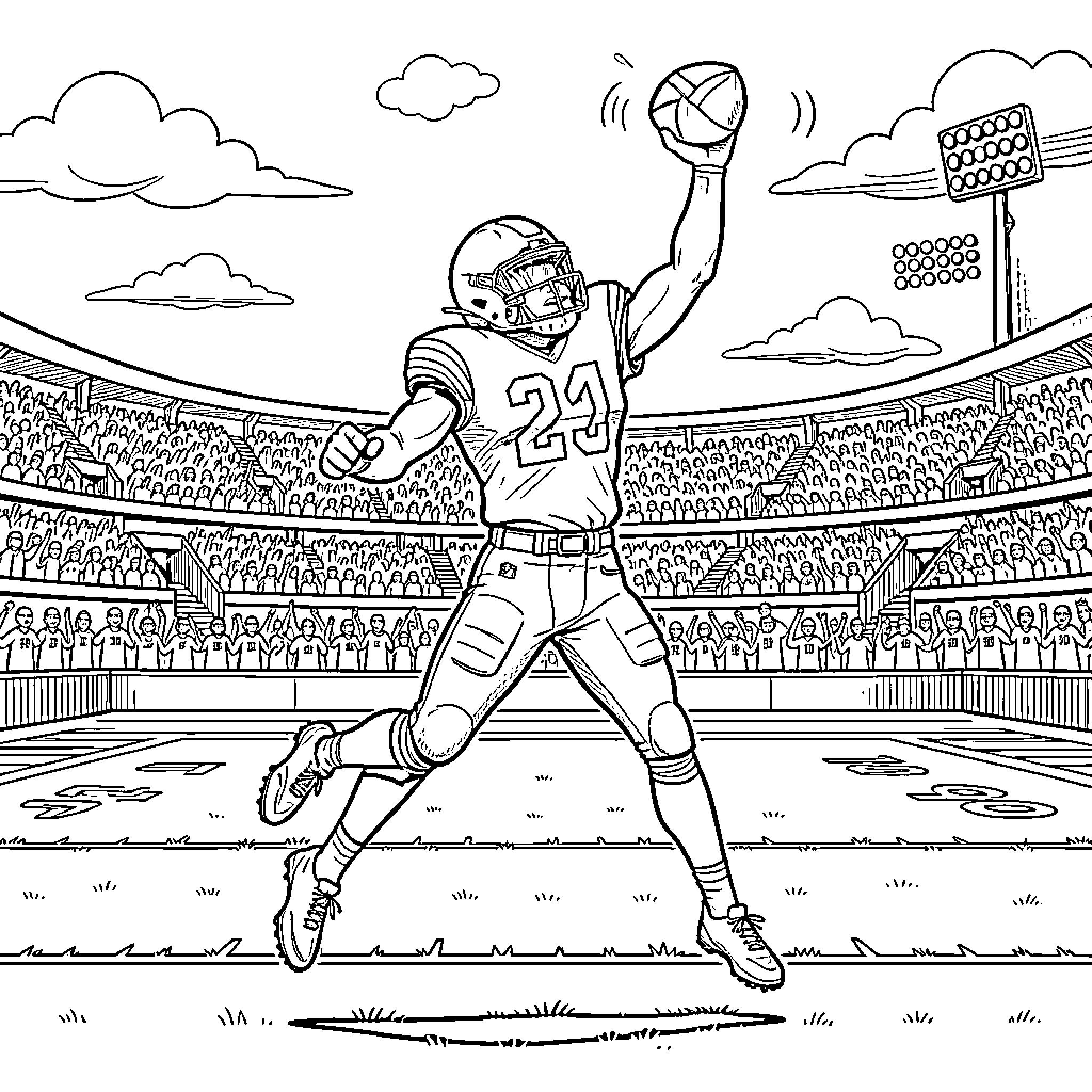 George Pickens catches football in stadium Coloring Page (free black-and-white line drawing printable PDF for all, from beginners to advanced learners, including children, teens, adults, and seniors)