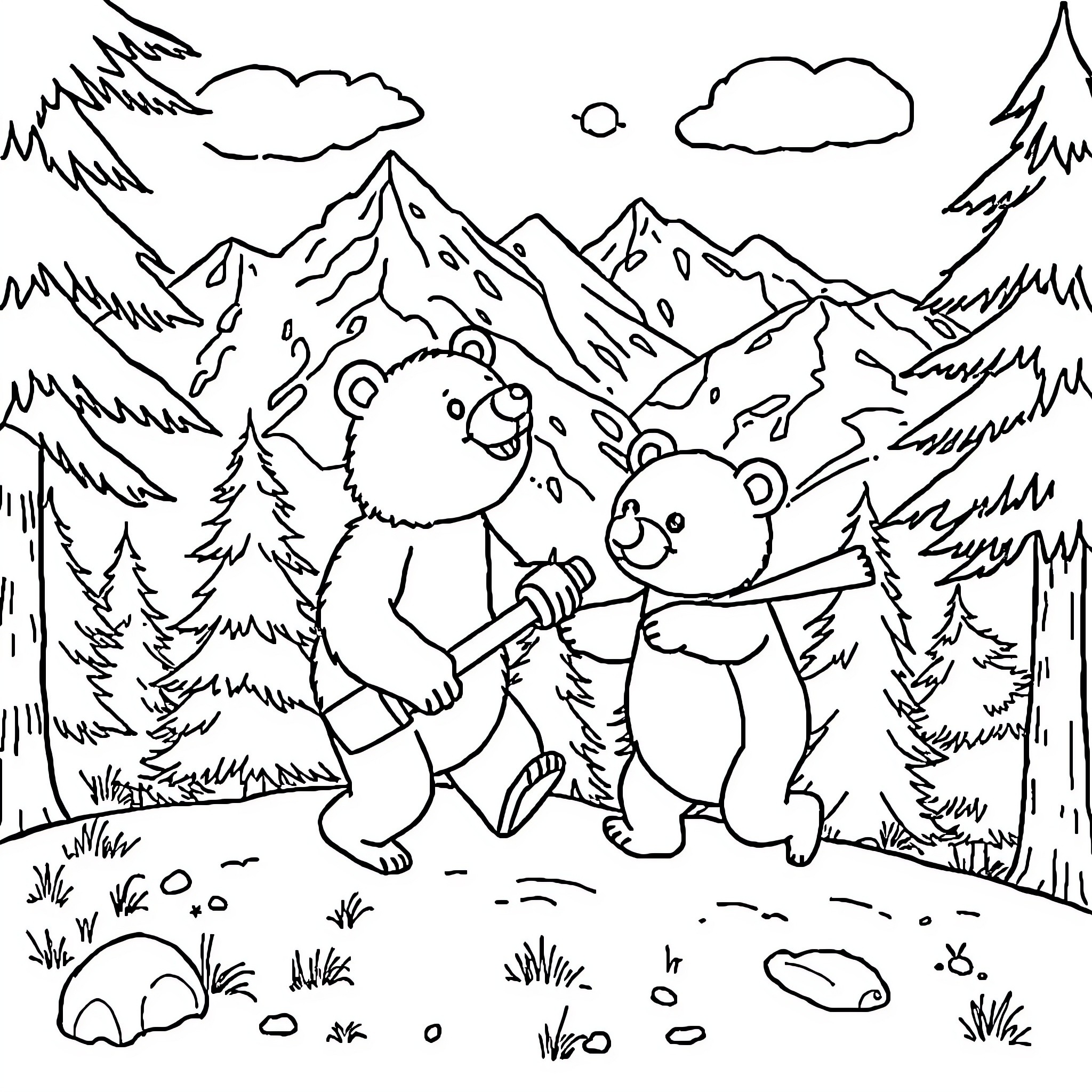 Bears exploring the majestic mountain landscape Coloring Page (free black-and-white line drawing printable PDF for all, from beginners to advanced learners, including children, teens, adults, and seniors)