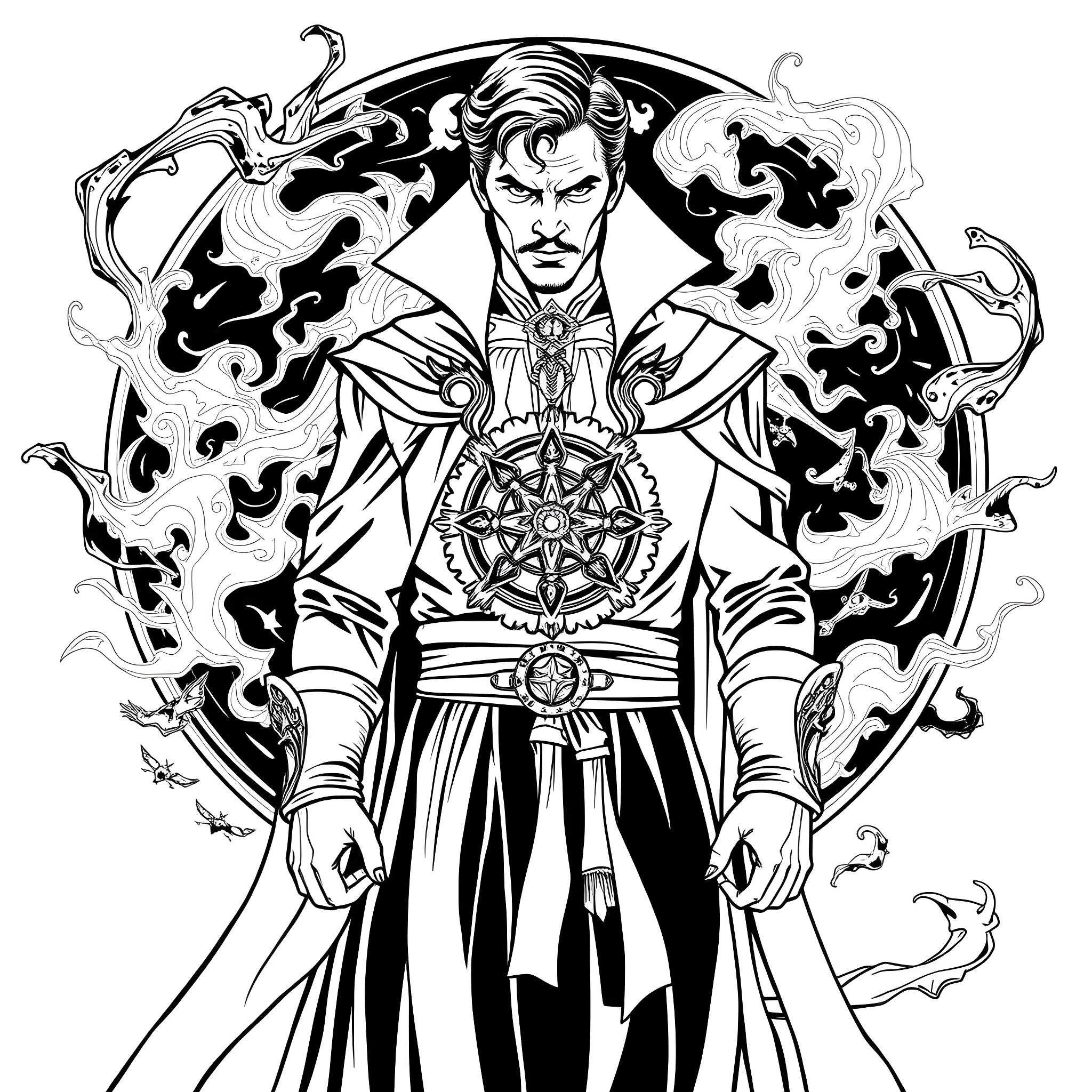 Doctor Strangefate wielding magical powers Coloring Page (free black-and-white line drawing printable PDF for all, from beginners to advanced learners, including children, teens, adults, and seniors)