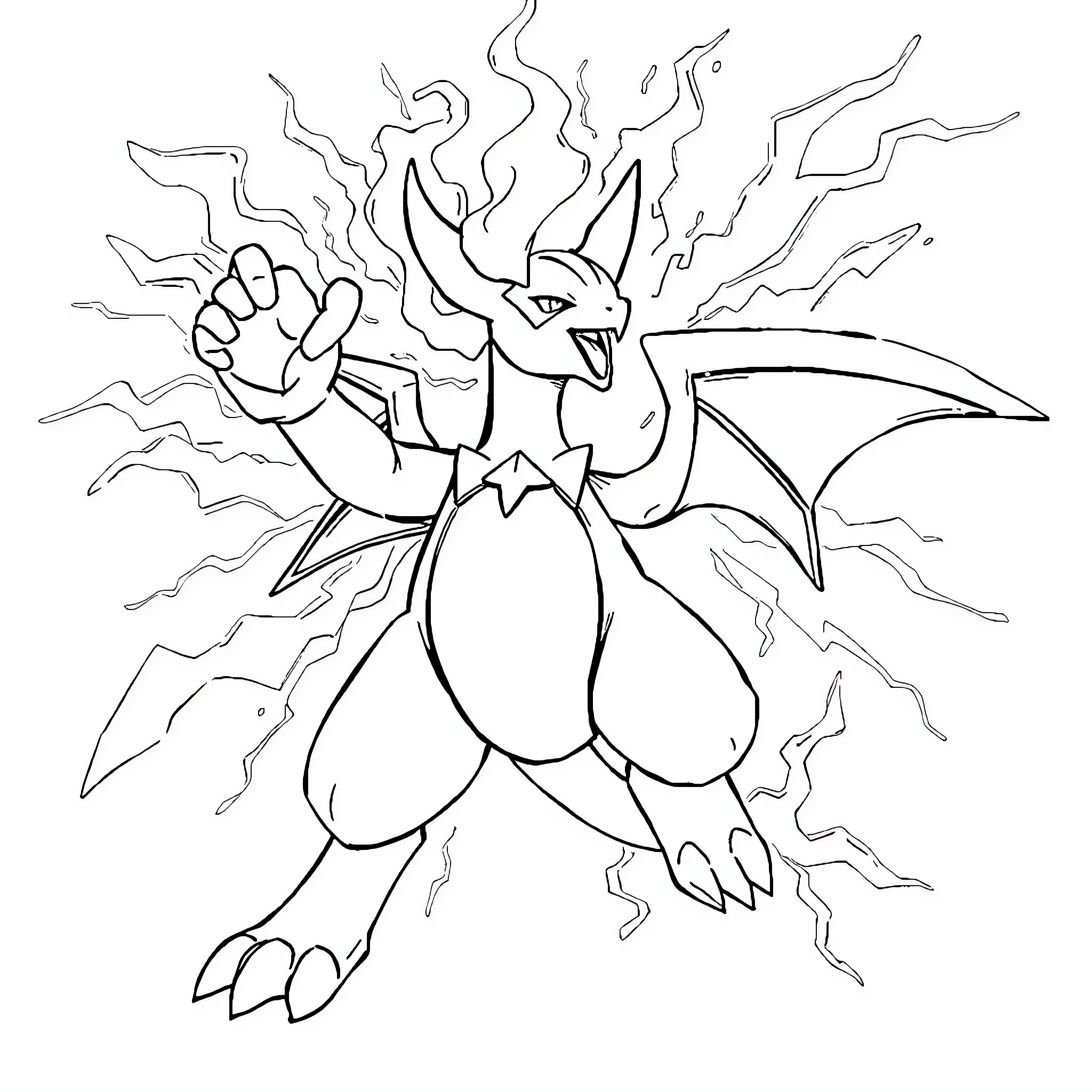 Pokémon Dragon-like Creature in Powerful Pose Coloring Page (free black-and-white line drawing printable PDF for all, from beginners to advanced learners, including children, teens, adults, and seniors)