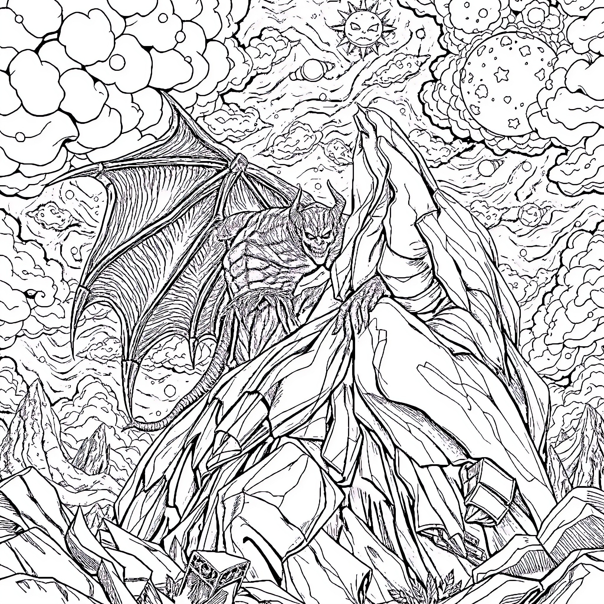 Demon soaring through a fantastical landscape Coloring Page (free black-and-white line drawing printable PDF for all, from beginners to advanced learners, including children, teens, adults, and seniors)