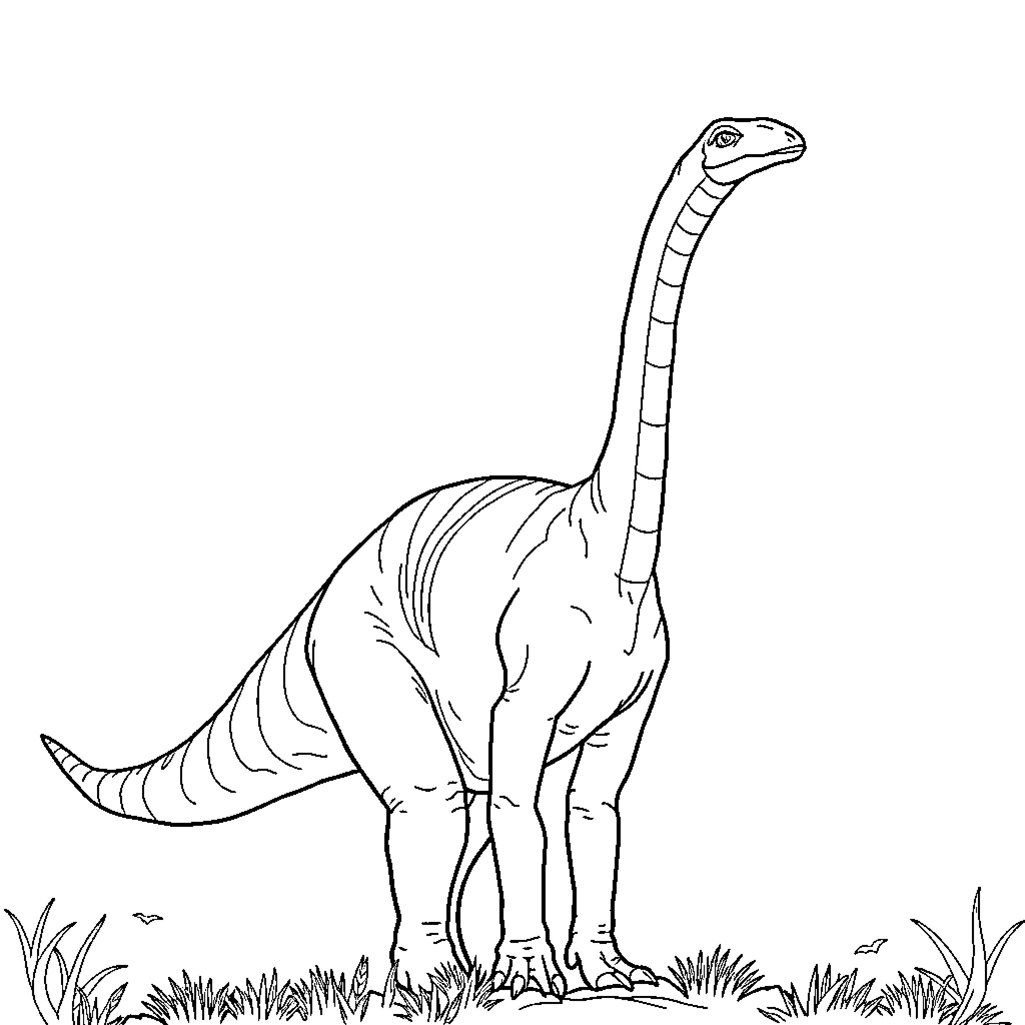 Diplodocus dinosaur standing in a field Coloring Page (free black-and-white line drawing printable PDF for all, from beginners to advanced learners, including children, teens, adults, and seniors)