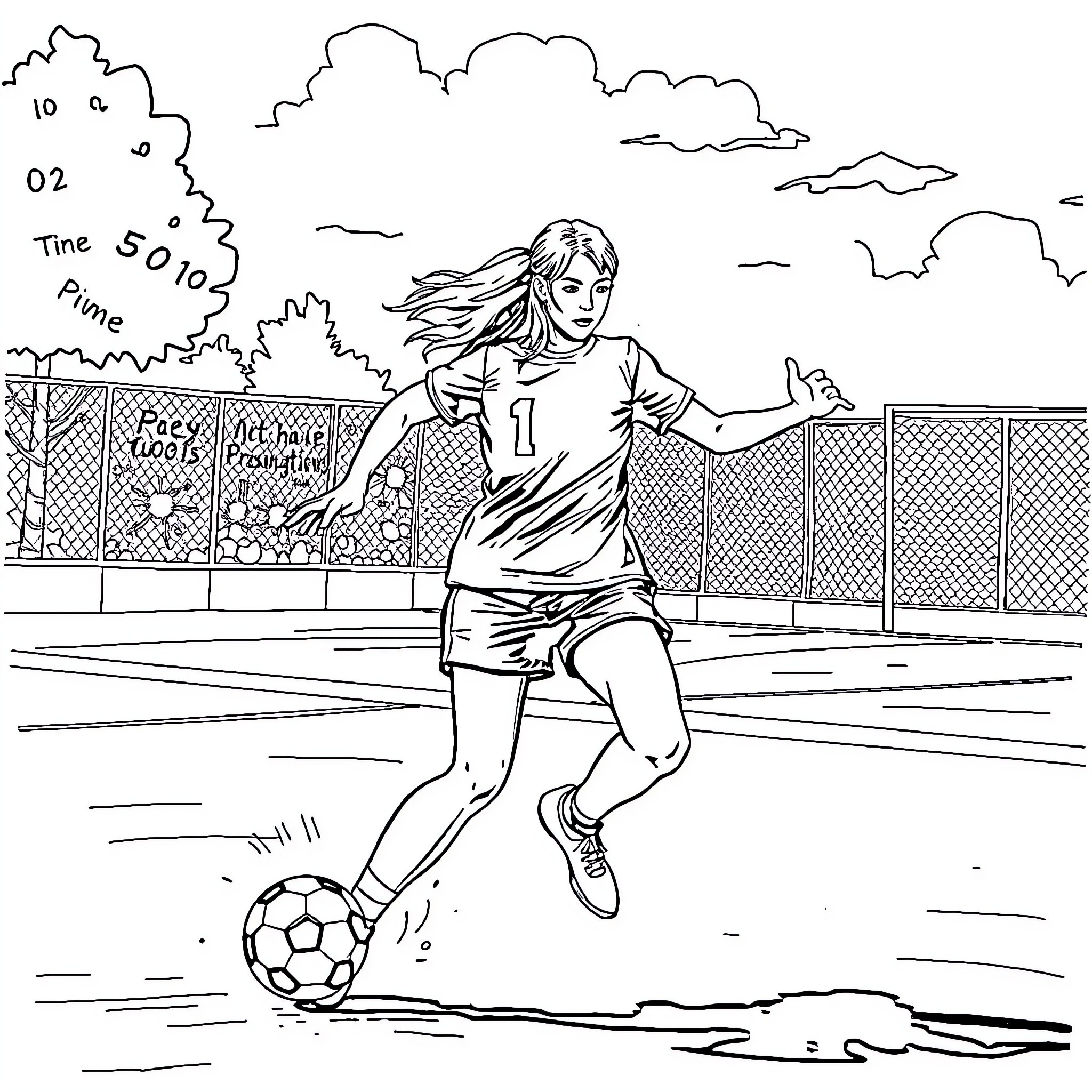 Handball Player Dribbling on the Field Coloring Page (free black-and-white line drawing printable PDF for all, from beginners to advanced learners, including children, teens, adults, and seniors)