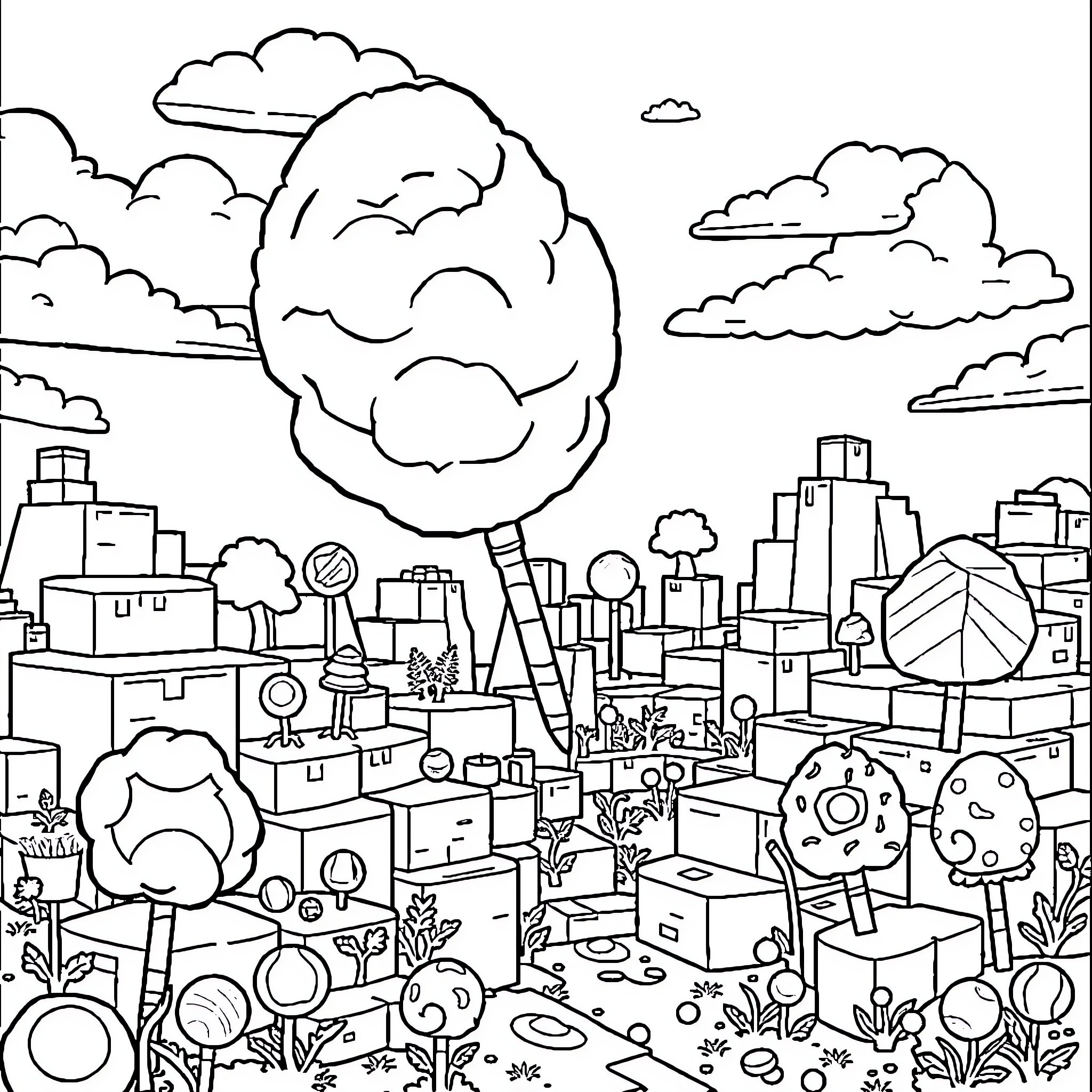 Cotton Candy in a Whimsical Urban Landscape Coloring Page (free black-and-white line drawing printable PDF for all, from beginners to advanced learners, including children, teens, adults, and seniors)