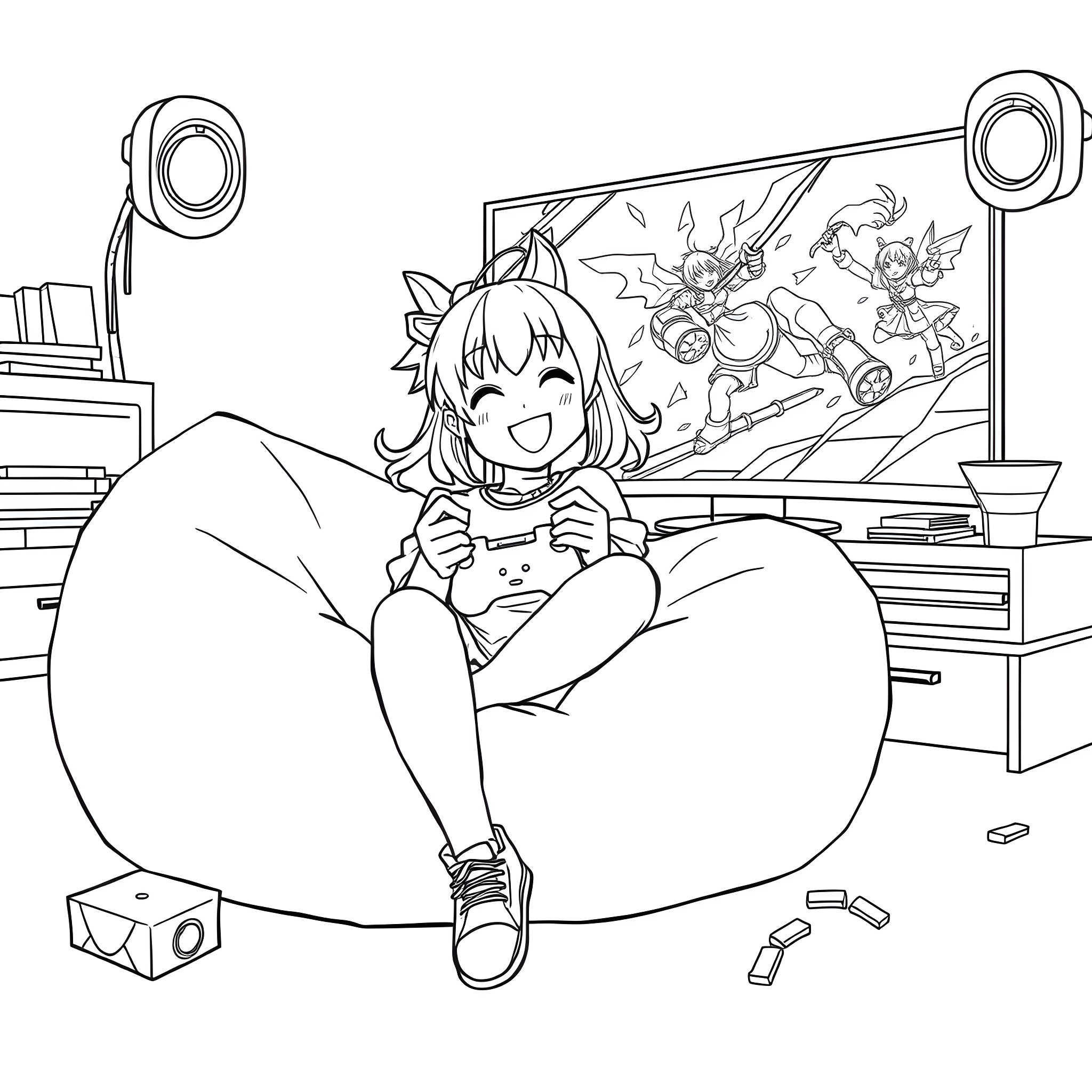 Kuromi enjoying her time in the colorful room Coloring Page (free black-and-white line drawing printable PDF for all, from beginners to advanced learners, including children, teens, adults, and seniors)