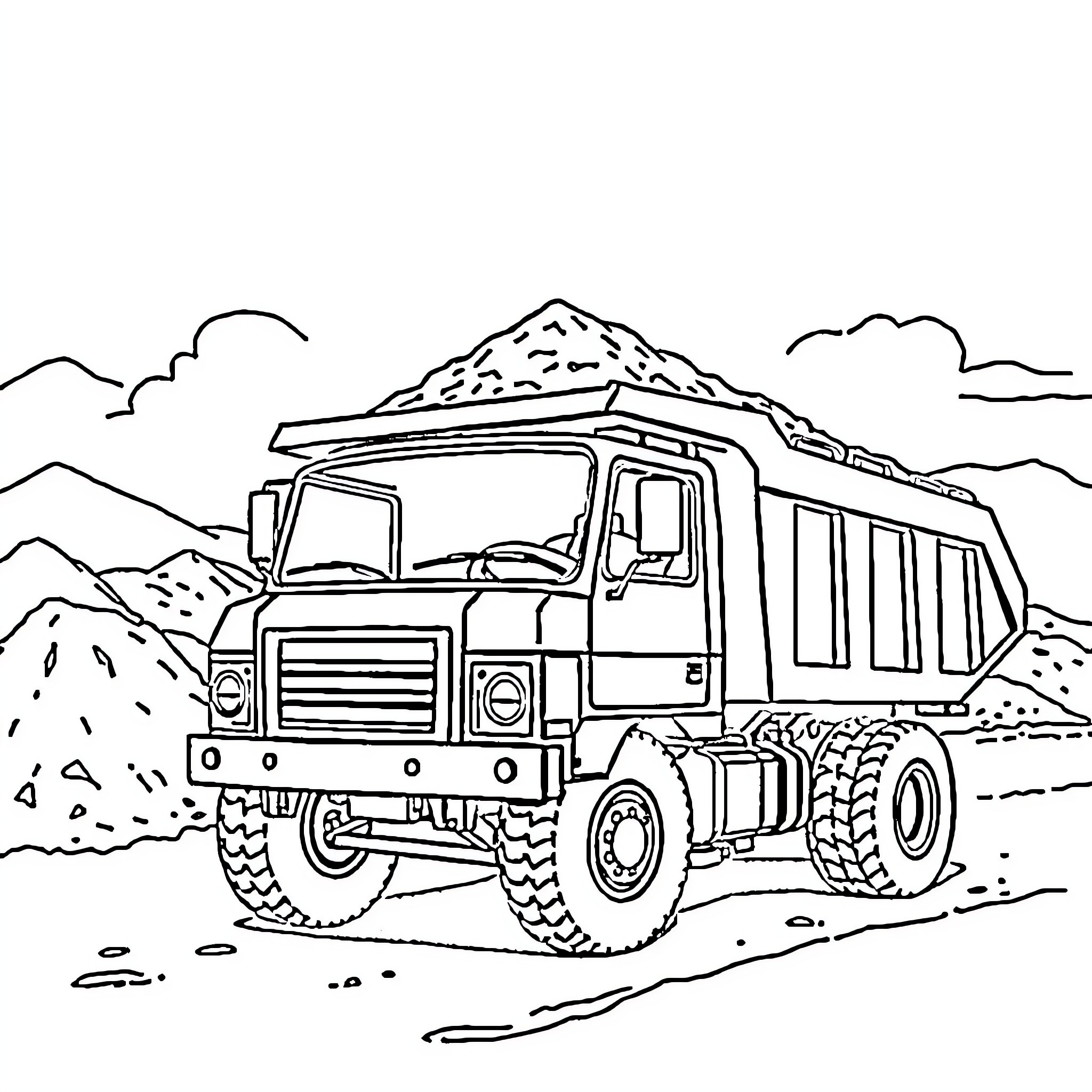 Dump Truck hauling supplies in mountainous terrain Coloring Page (free black-and-white line drawing printable PDF for all, from beginners to advanced learners, including children, teens, adults, and seniors)