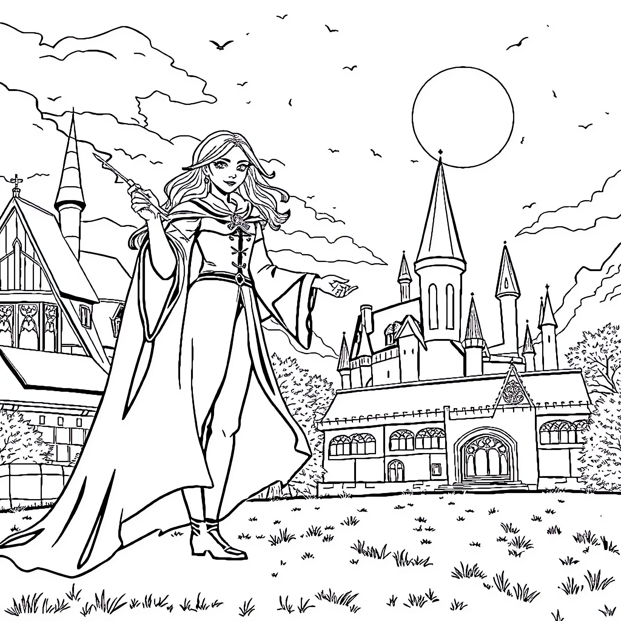 Zelena's Enchanted Castle Adventure Coloring Page (free black-and-white line drawing printable PDF for all, from beginners to advanced learners, including children, teens, adults, and seniors)