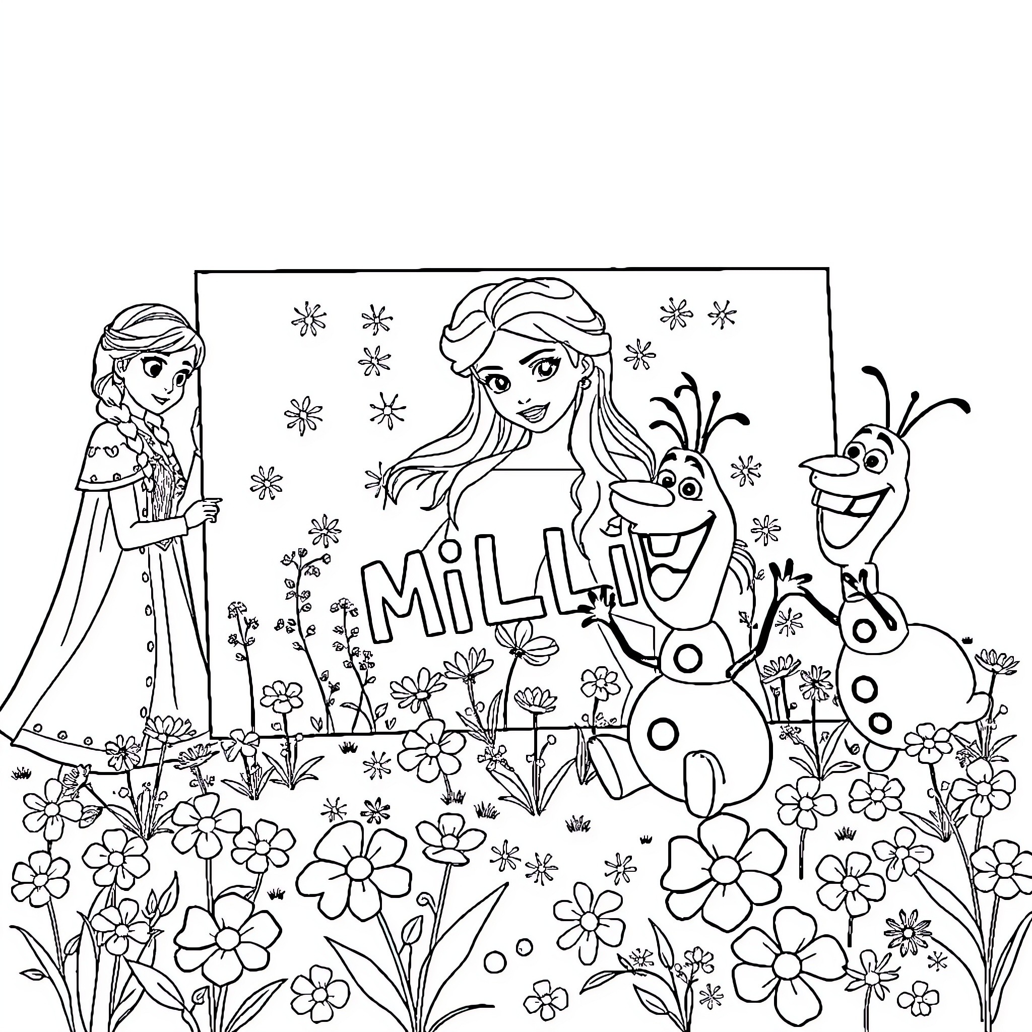Anna's Enchanting Floral Adventure with Olaf Coloring Page (free black-and-white line drawing printable PDF for all, from beginners to advanced learners, including children, teens, adults, and seniors)