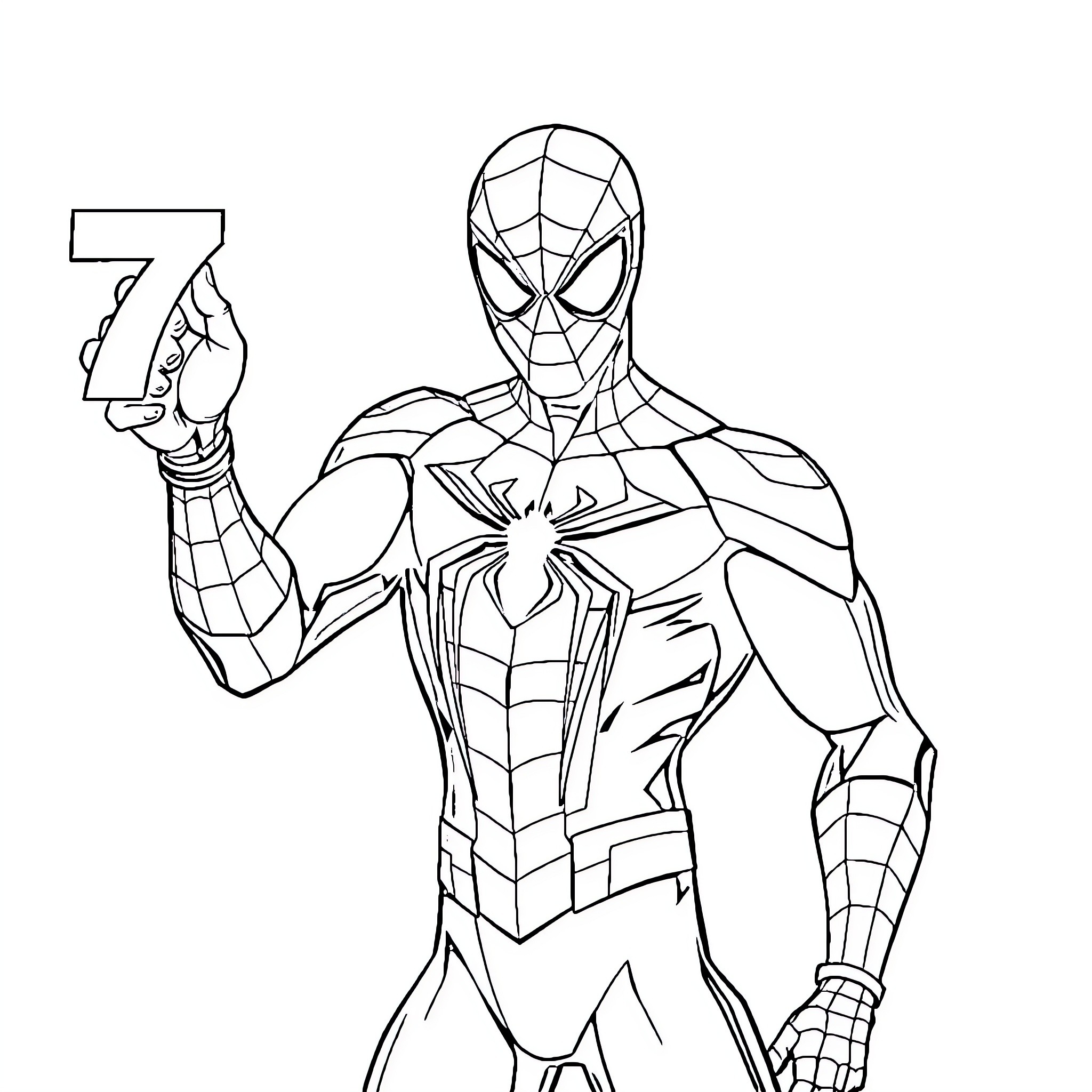 Spiderman in action pose with spider emblem Coloring Page (free black-and-white line drawing printable PDF for all, from beginners to advanced learners, including children, teens, adults, and seniors)