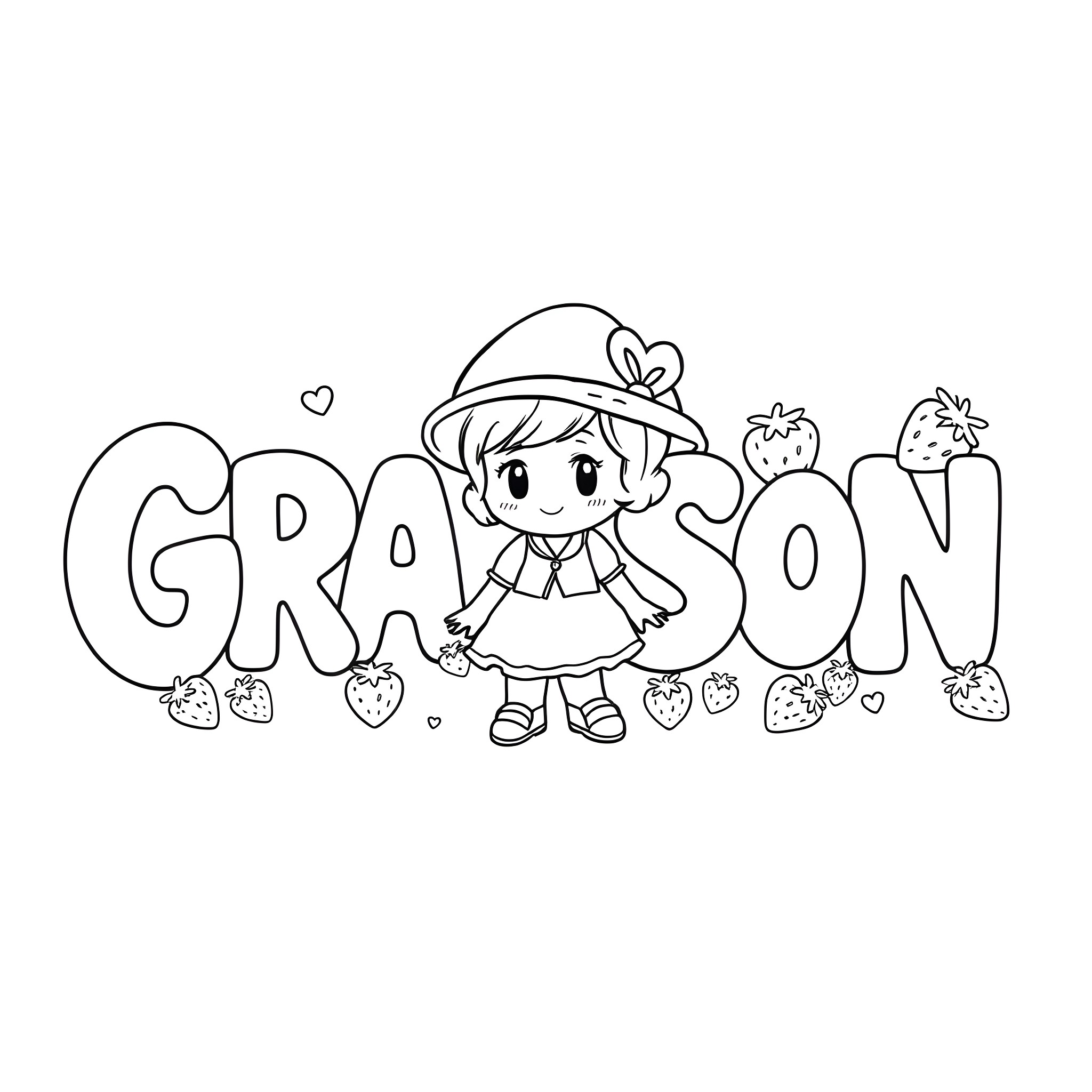Grayson's Strawberry Adventure Coloring Page (free black-and-white line drawing printable PDF for all, from beginners to advanced learners, including children, teens, adults, and seniors)