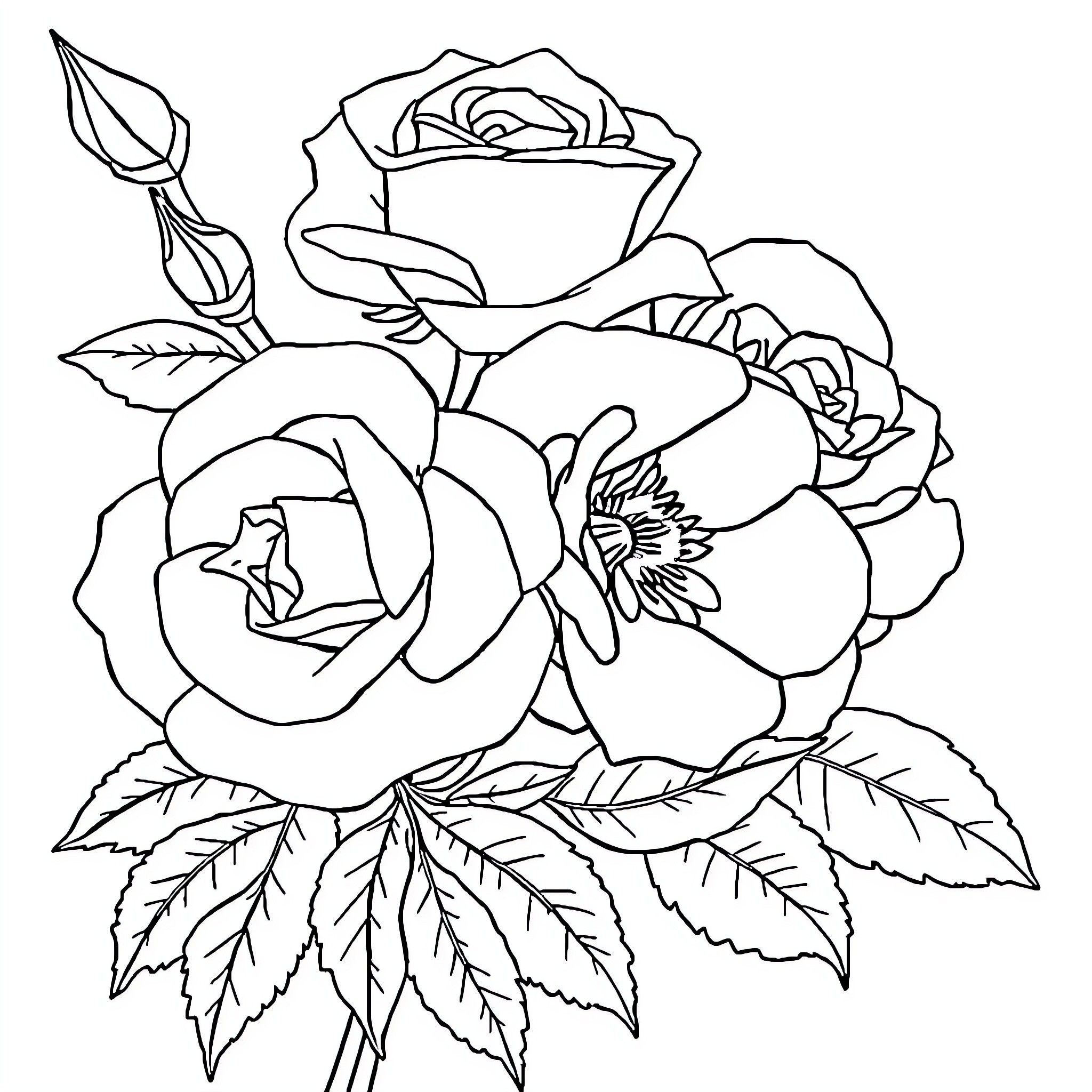 Rose Bouquet with Blossoming Flowers Coloring Page (free black-and-white line drawing printable PDF for all, from beginners to advanced learners, including children, teens, adults, and seniors)
