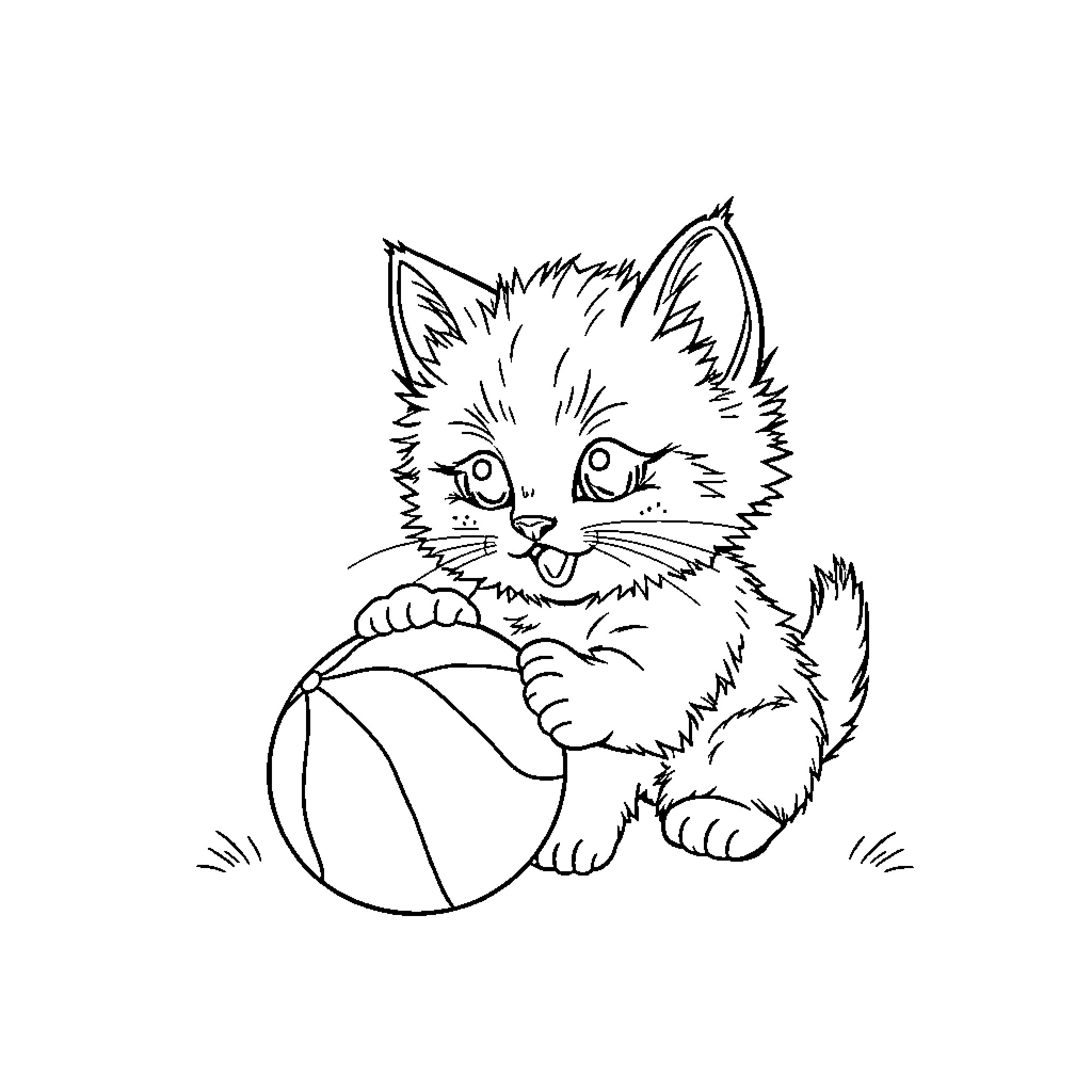 Kitten playing with ball on the grass Coloring Page (free black-and-white line drawing printable PDF for all, from beginners to advanced learners, including children, teens, adults, and seniors)
