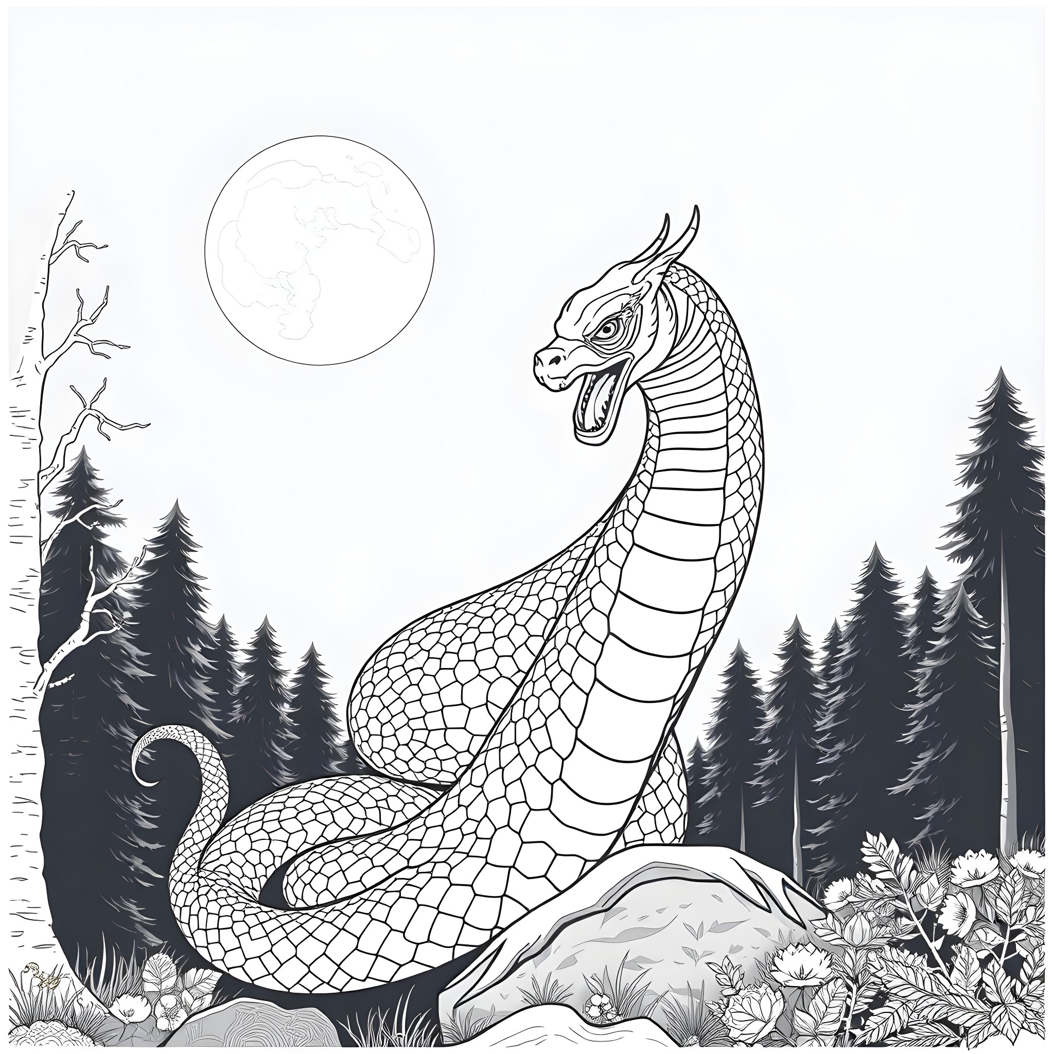 Uktena mythical creature in a serene forest landscape Coloring Page (free black-and-white line drawing printable PDF for all, from beginners to advanced learners, including children, teens, adults, and seniors)
