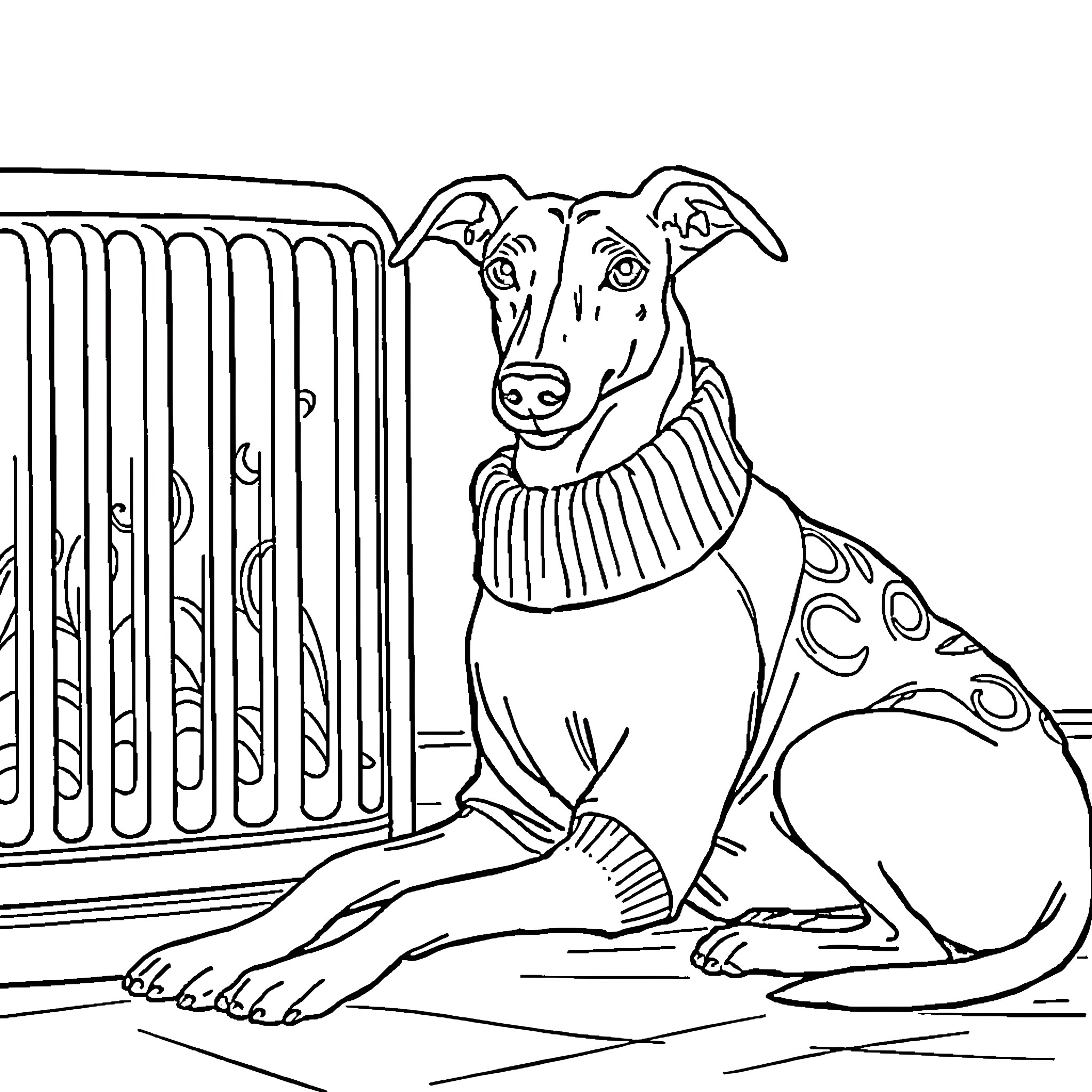Greyhound in Adorned Attire Coloring Page (free black-and-white line drawing printable PDF for all, from beginners to advanced learners, including children, teens, adults, and seniors)