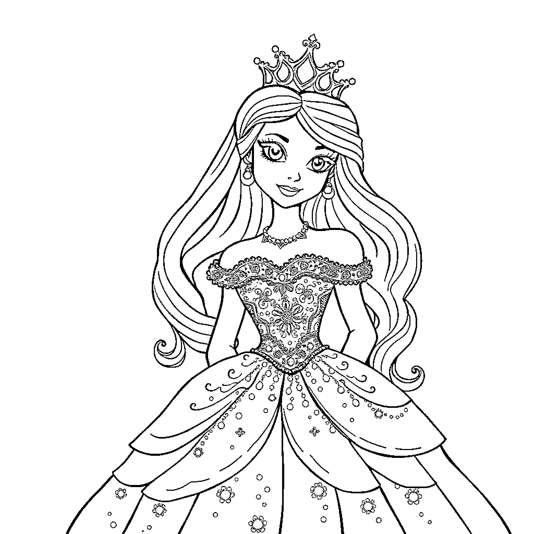 Princess in Elegant Ballgown and Crown Coloring Page (free black-and-white line drawing printable PDF for all, from beginners to advanced learners, including children, teens, adults, and seniors)