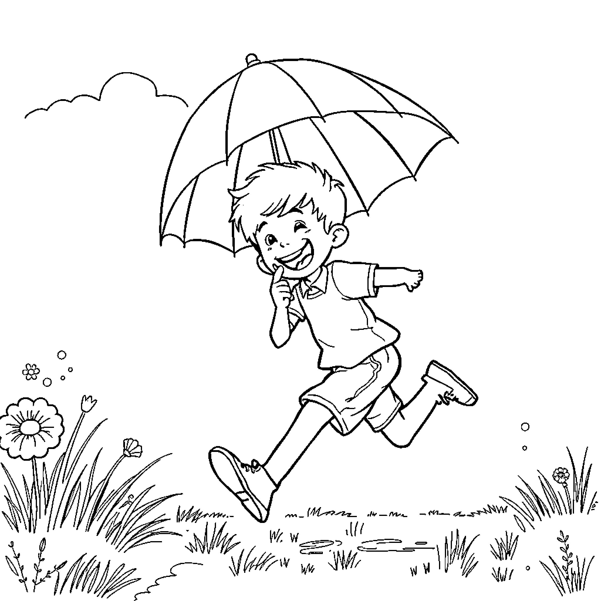 Boy running joyfully with umbrella in the rain Coloring Page (free black-and-white line drawing printable PDF for all, from beginners to advanced learners, including children, teens, adults, and seniors)