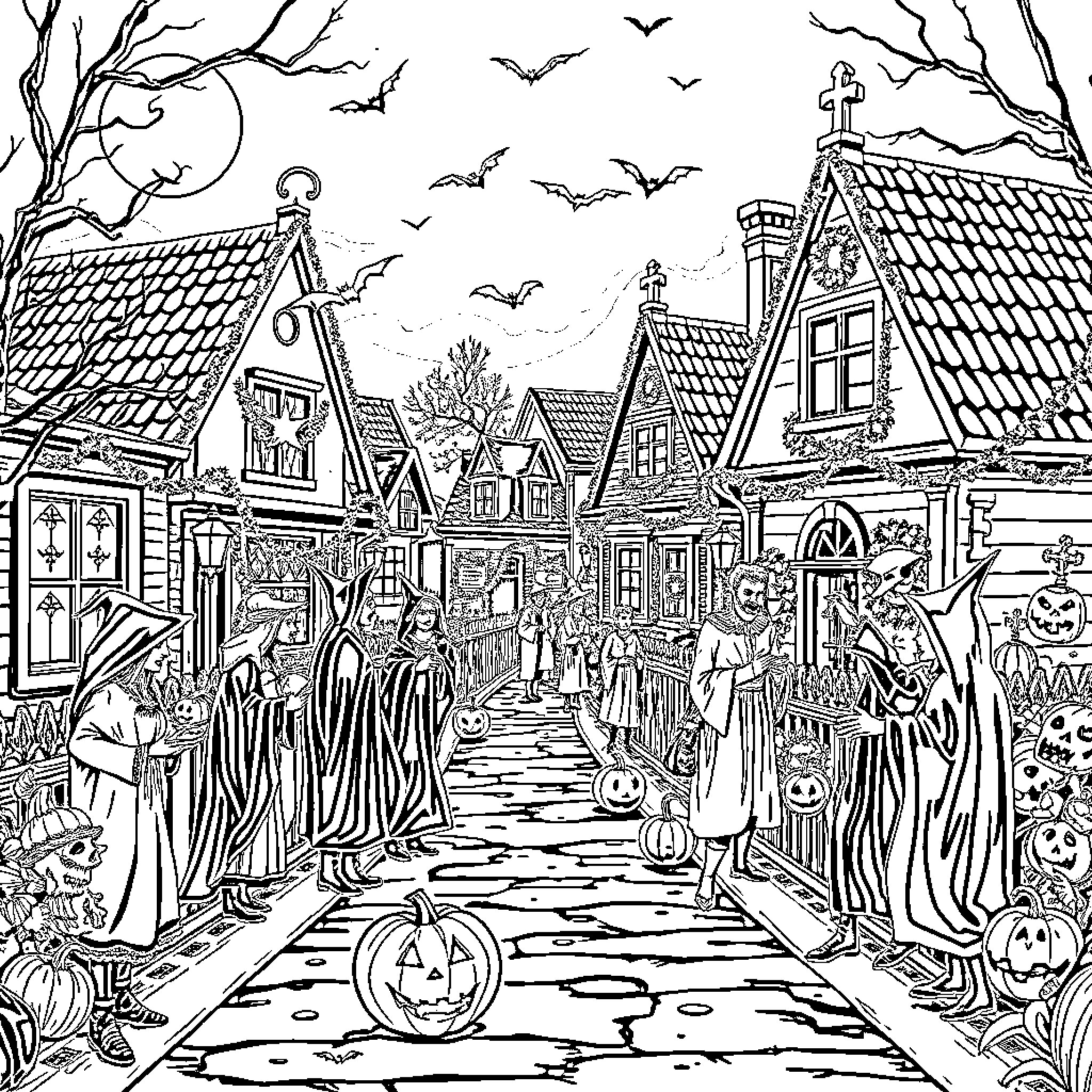 Halloween Spooky Village Scene with Costumed Figures Coloring Page (free black-and-white line drawing printable PDF for all, from beginners to advanced learners, including children, teens, adults, and seniors)