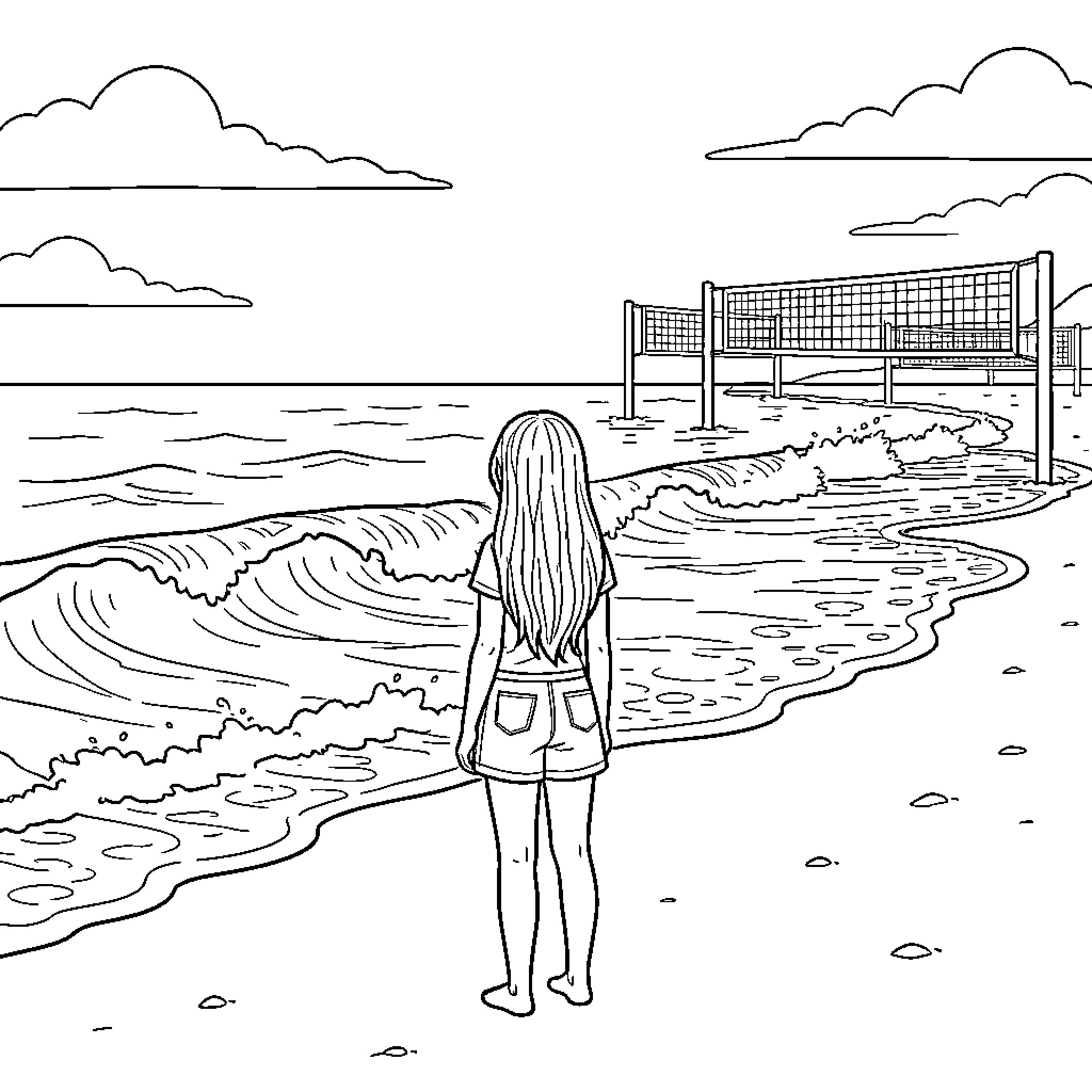 Chica enjoying the beach and ocean view Coloring Page (free black-and-white line drawing printable PDF for all, from beginners to advanced learners, including children, teens, adults, and seniors)