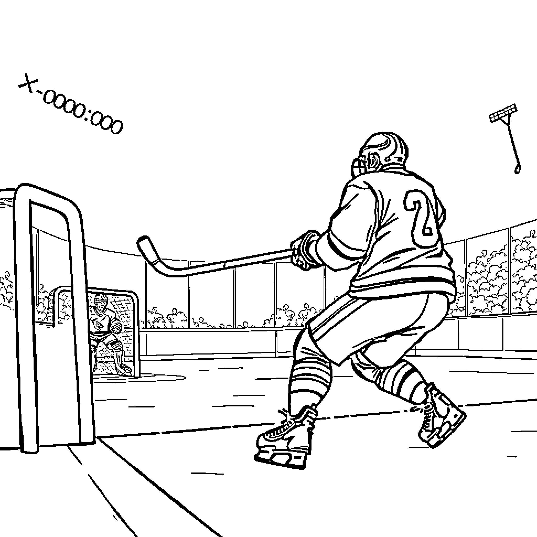 Ice Hockey Player Shooting Puck on Rink Coloring Page (free black-and-white line drawing printable PDF for all, from beginners to advanced learners, including children, teens, adults, and seniors)