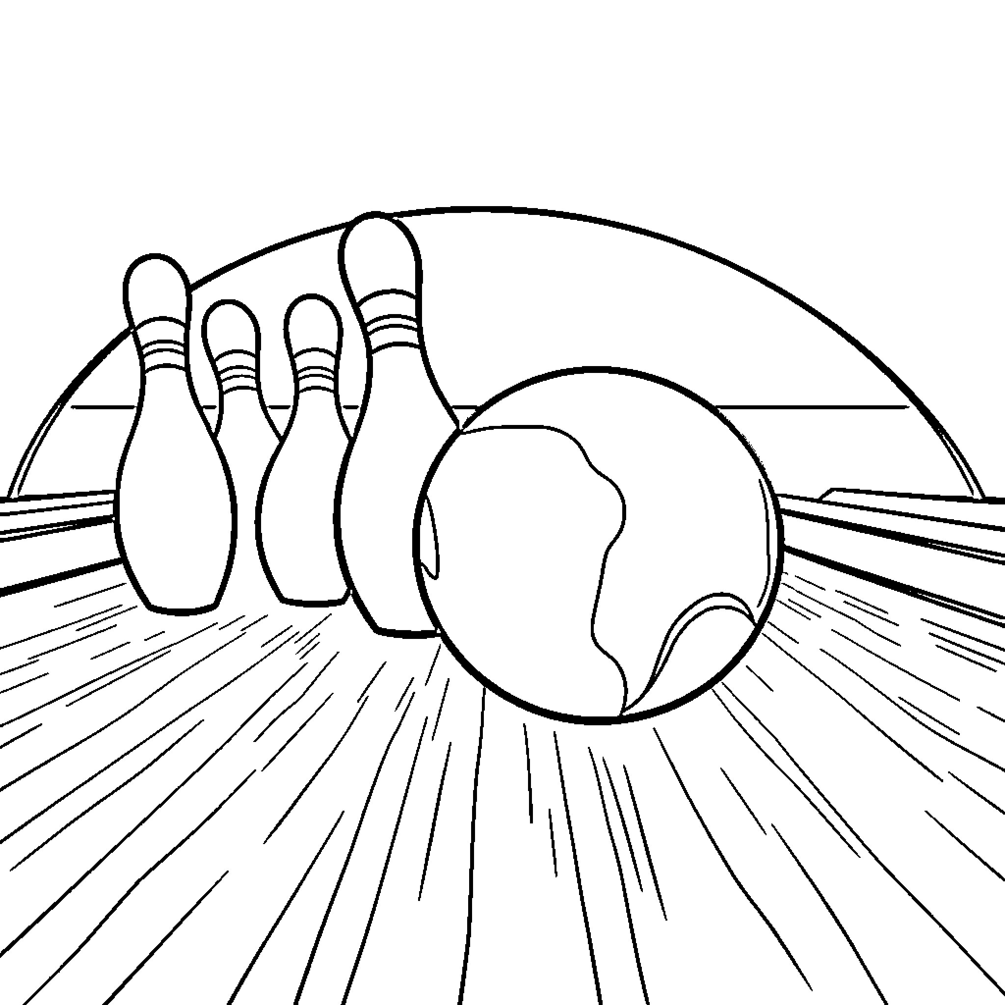 Bowling Ball rolling down the alley Coloring Page (free black-and-white line drawing printable PDF for all, from beginners to advanced learners, including children, teens, adults, and seniors)