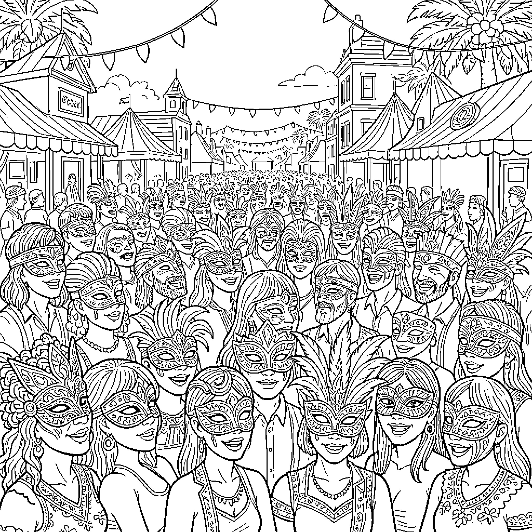 Mask Celebration in a Vibrant Street Scene Coloring Page (free black-and-white line drawing printable PDF for all, from beginners to advanced learners, including children, teens, adults, and seniors)