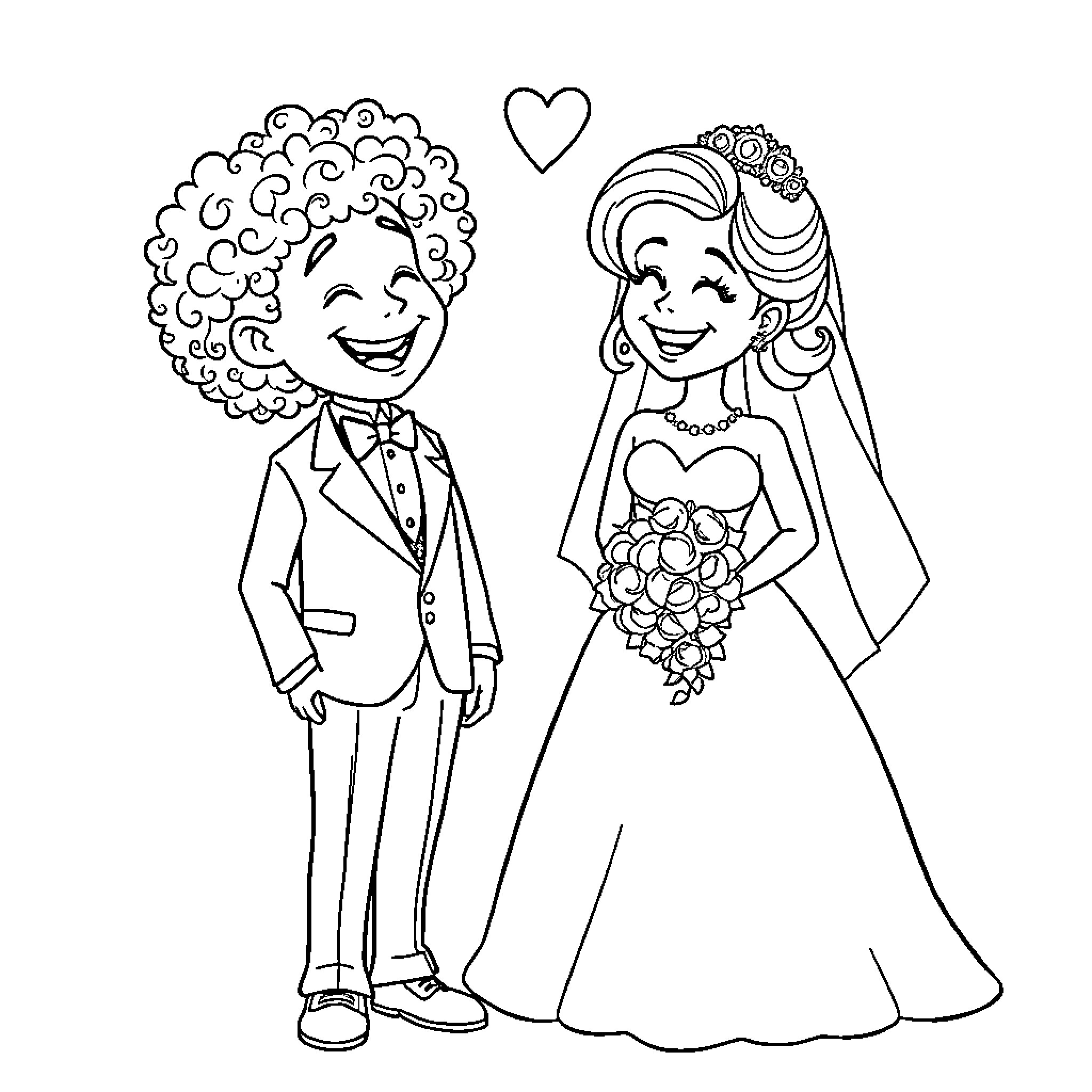 Wedding day joy and celebration Coloring Page (free black-and-white line drawing printable PDF for all, from beginners to advanced learners, including children, teens, adults, and seniors)
