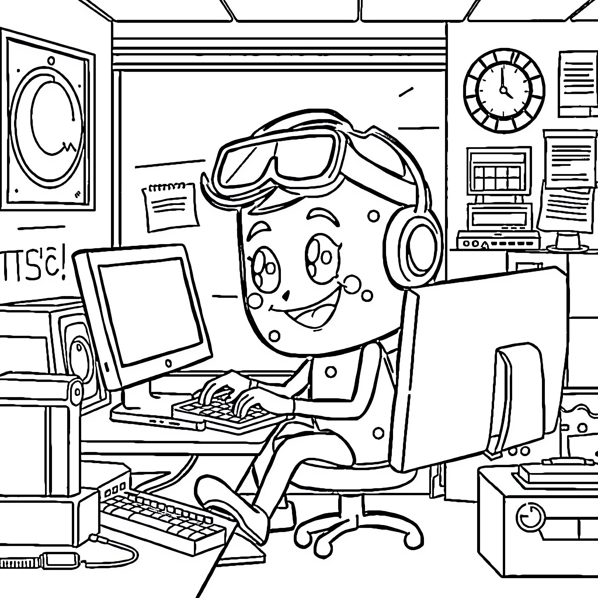 Poptart Playing with Virtual Reality Headset in Tech Lab Coloring Page (free black-and-white line drawing printable PDF for all, from beginners to advanced learners, including children, teens, adults, and seniors)