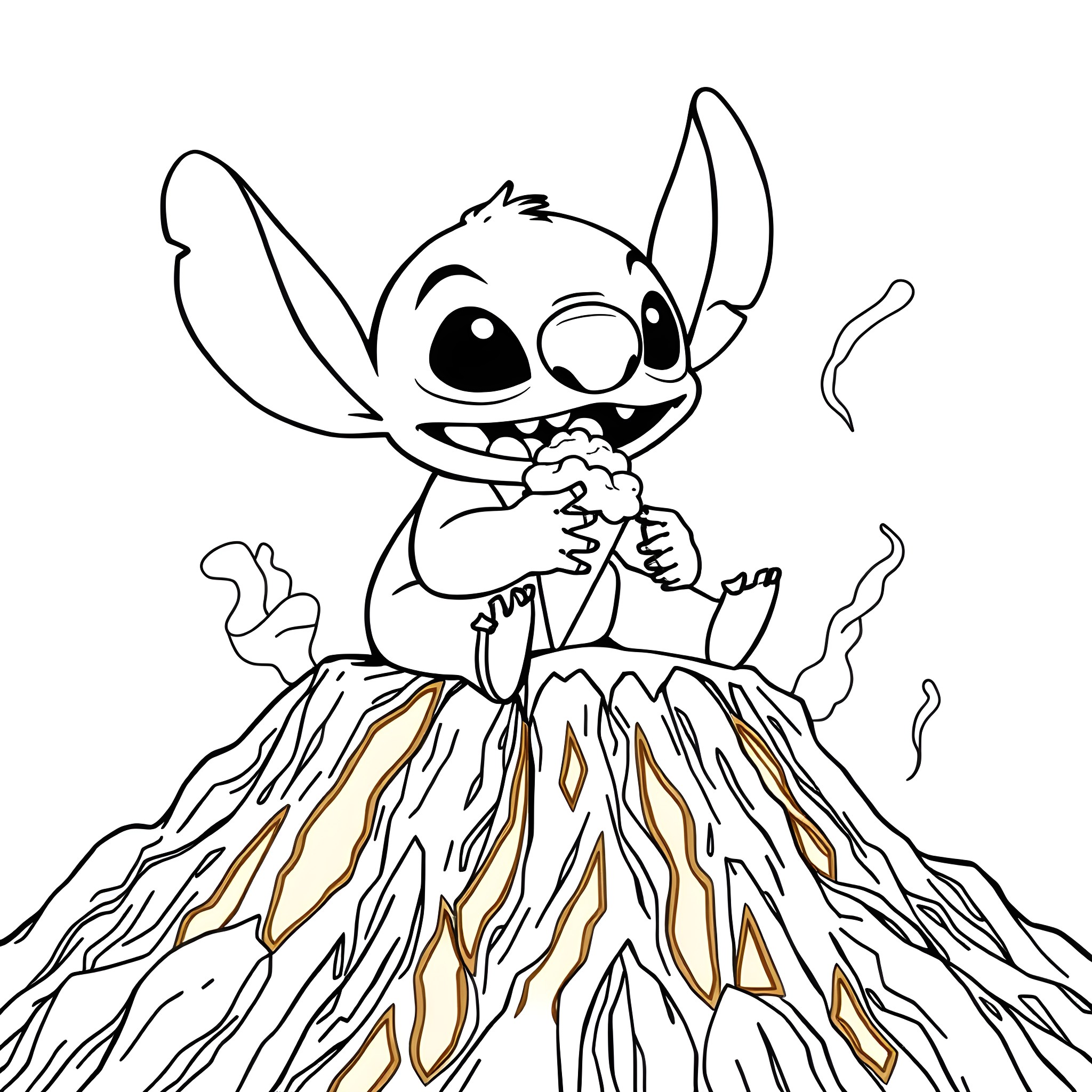 Stitch dancing on a grassy mound Coloring Page (free black-and-white line drawing printable PDF for all, from beginners to advanced learners, including children, teens, adults, and seniors)