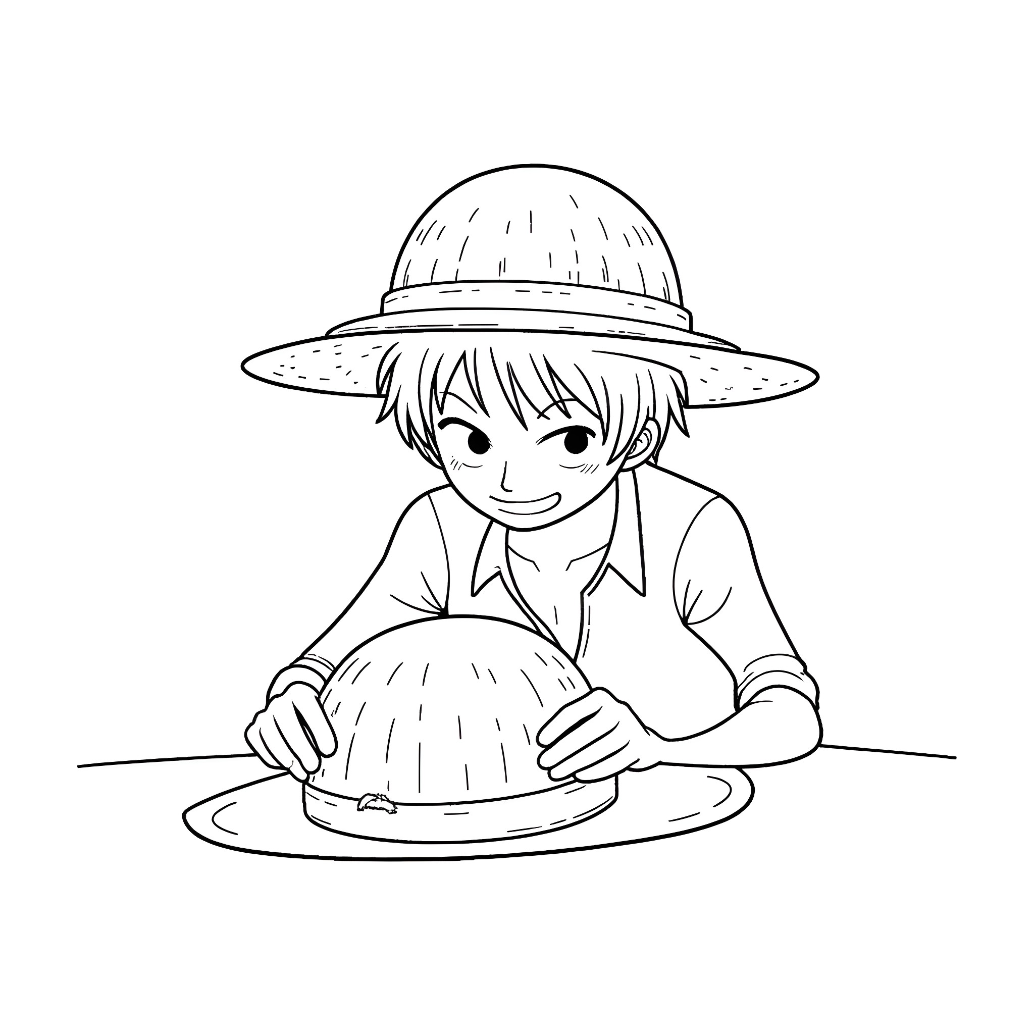 Luffy enjoying a tasty dish in his straw hat Coloring Page (free black-and-white line drawing printable PDF for all, from beginners to advanced learners, including children, teens, adults, and seniors)