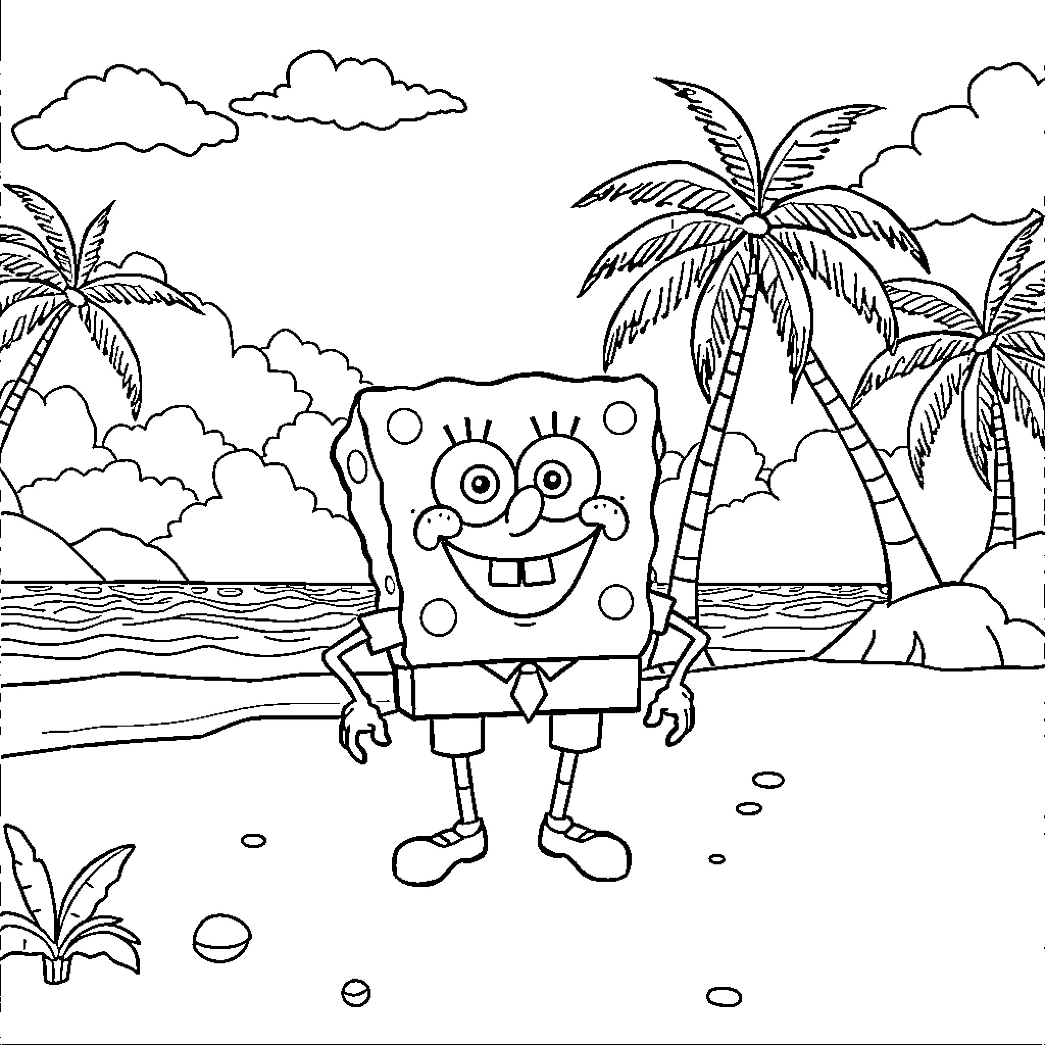 Spongebob enjoying a tropical beach vacation Coloring Page (free black-and-white line drawing printable PDF for all, from beginners to advanced learners, including children, teens, adults, and seniors)