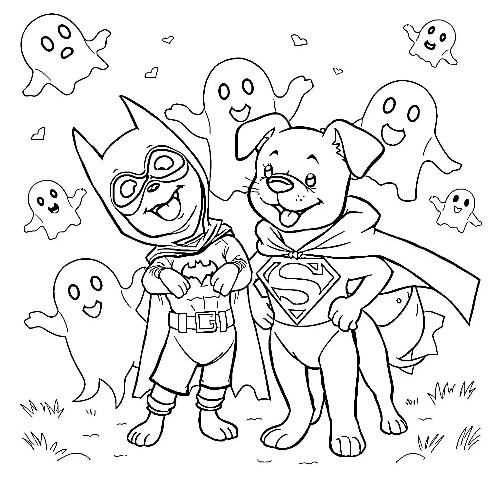 Dog playing with costumed friends on Halloween Coloring Page (free black-and-white line drawing printable PDF for all, from beginners to advanced learners, including children, teens, adults, and seniors)