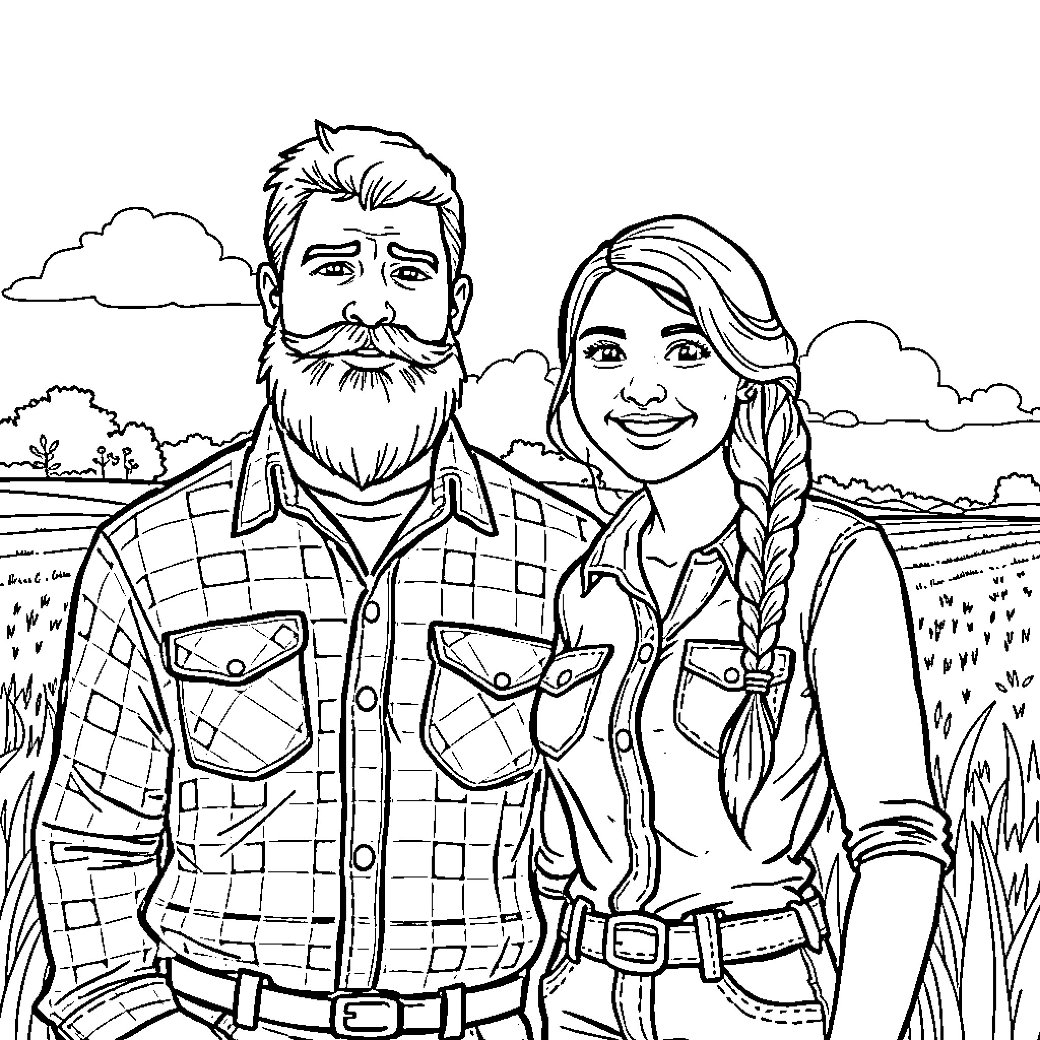 Farmer and companion in rural landscape Coloring Page (free black-and-white line drawing printable PDF for all, from beginners to advanced learners, including children, teens, adults, and seniors)
