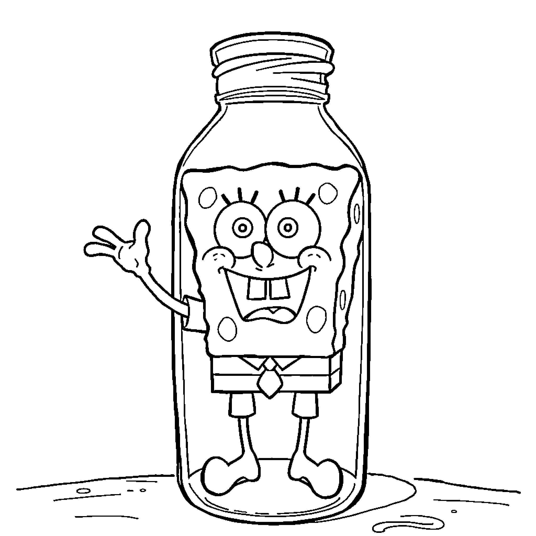Spongebob character in a jar with a waving gesture Coloring Page (free black-and-white line drawing printable PDF for all, from beginners to advanced learners, including children, teens, adults, and seniors)