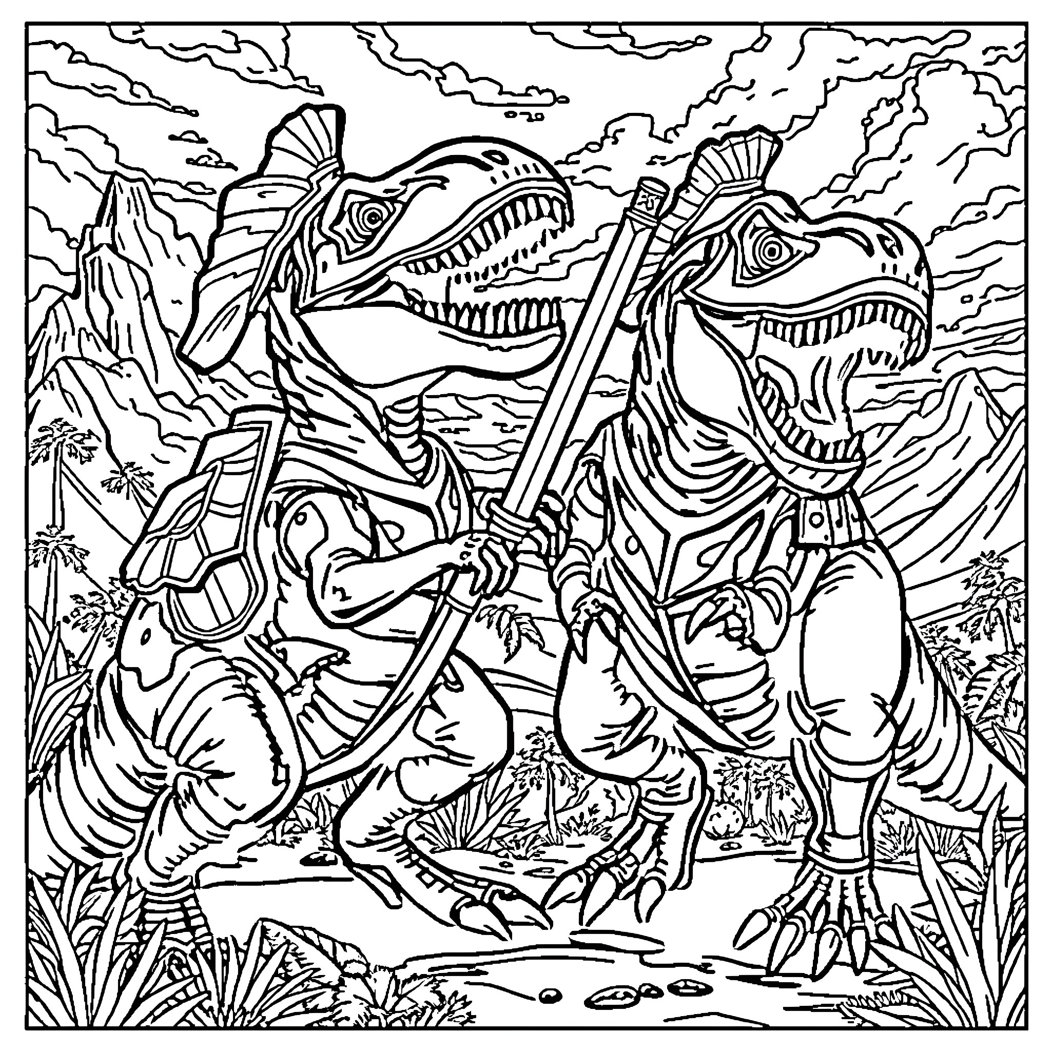 T-Rex dueling with a rival dinosaur in the prehistoric landscape Coloring Page (free black-and-white line drawing printable PDF for all, from beginners to advanced learners, including children, teens, adults, and seniors)